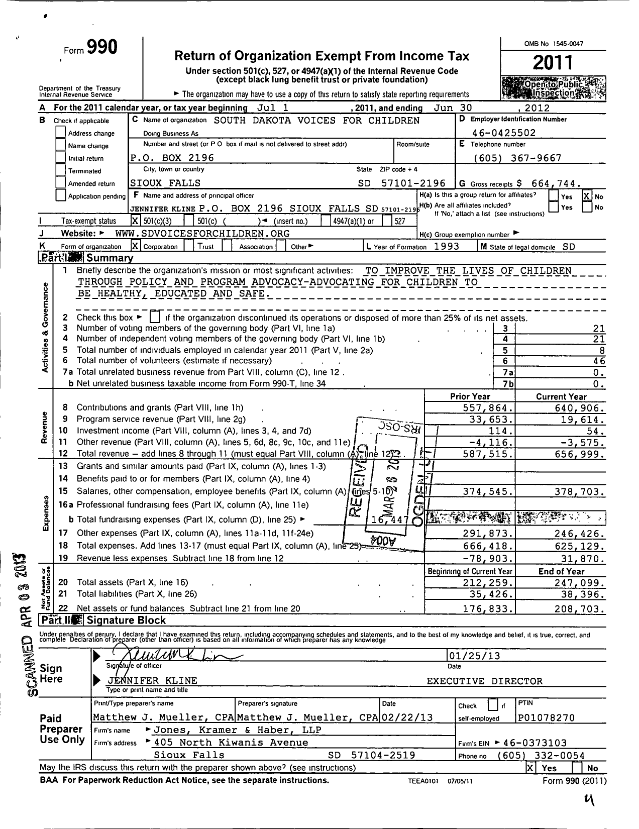 Image of first page of 2011 Form 990 for South Dakota Voices for Children