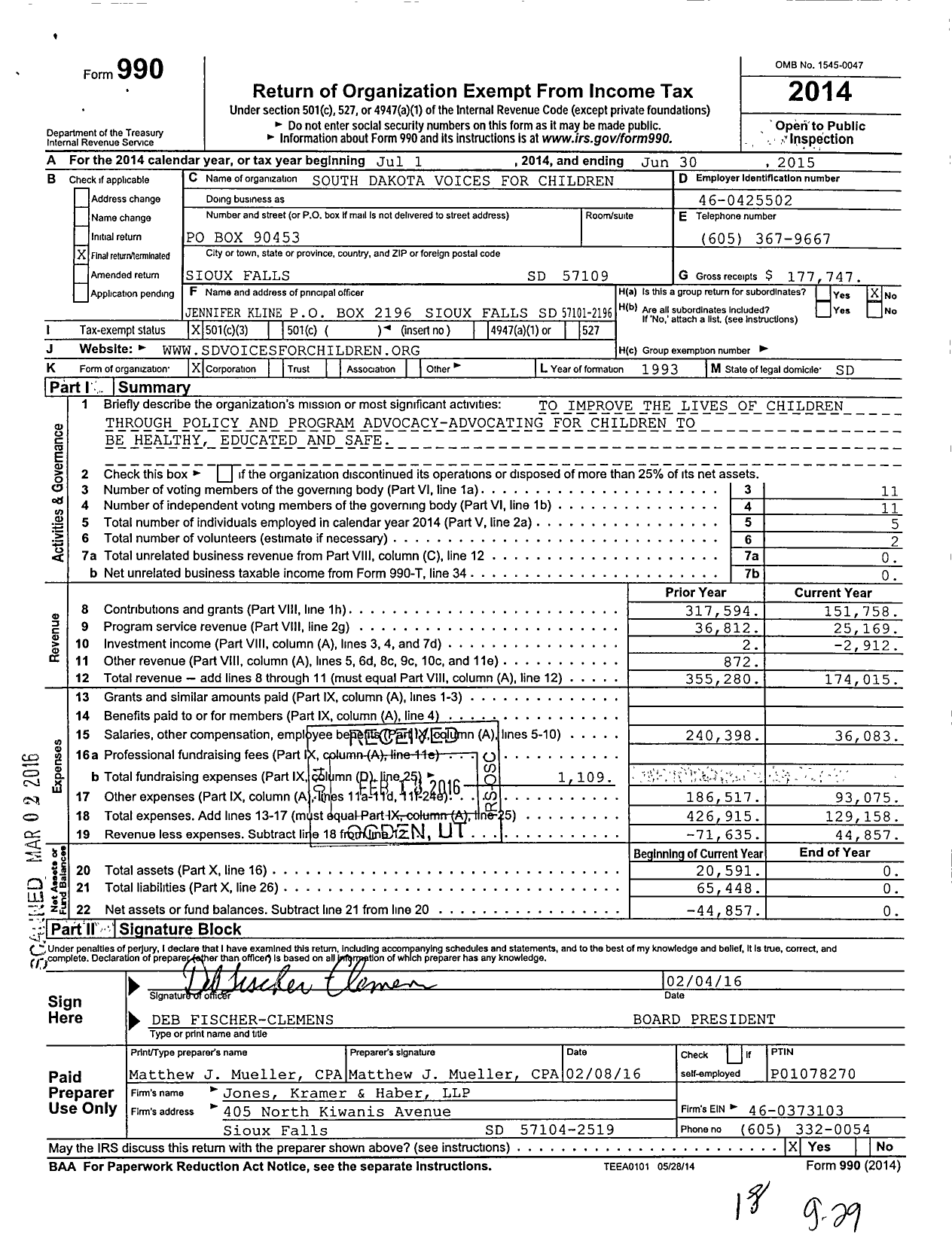 Image of first page of 2014 Form 990 for South Dakota Voices for Children