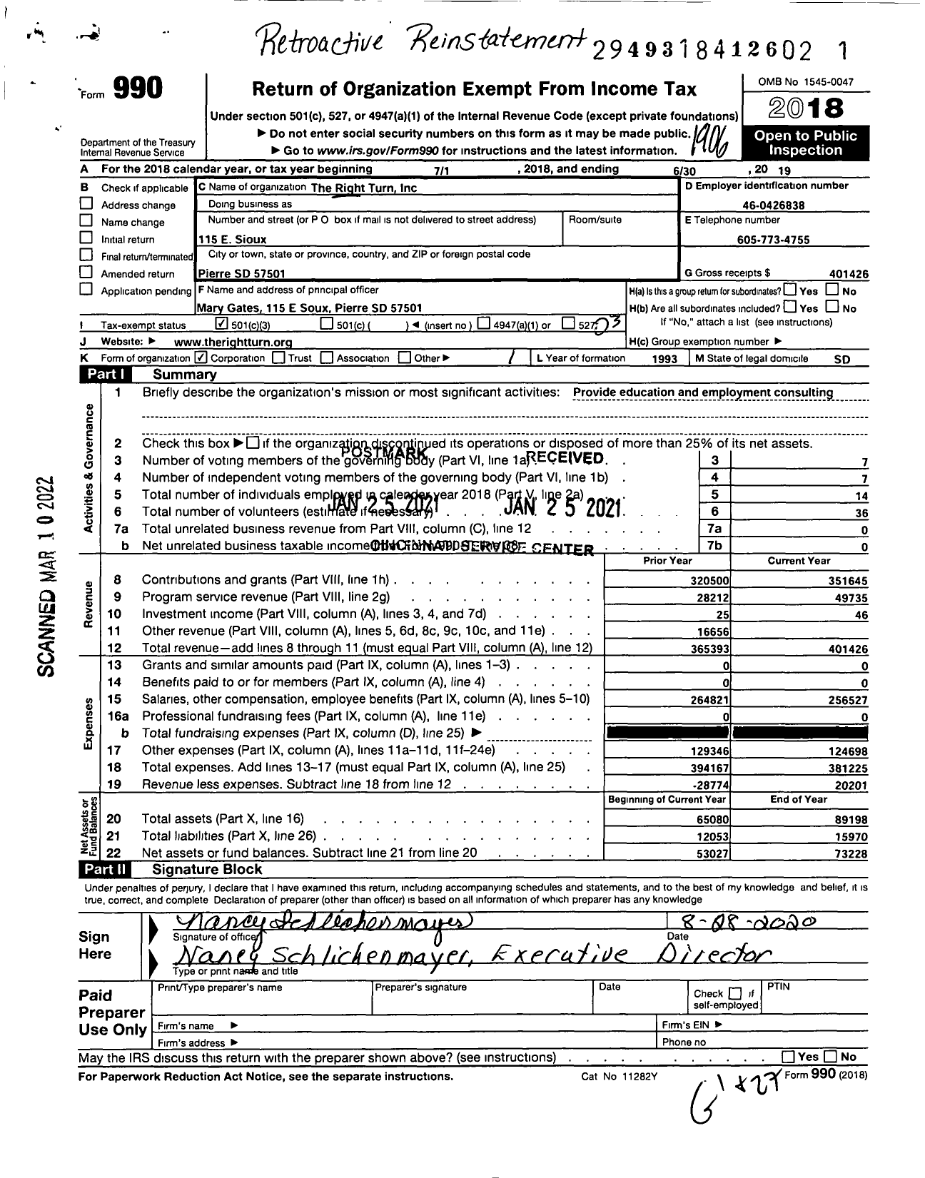 Image of first page of 2018 Form 990 for The Right Turn