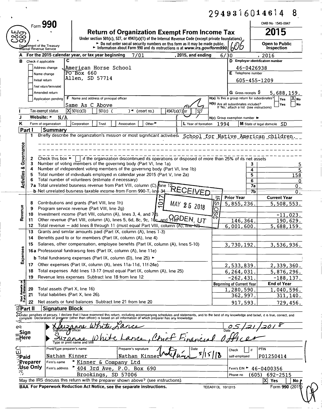 Image of first page of 2015 Form 990 for American Horse School (AHS)