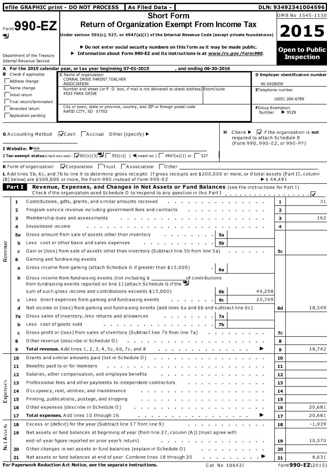 Image of first page of 2015 Form 990EZ for South Dakota Congress of Parents and Teachers / Corral Drive PTA