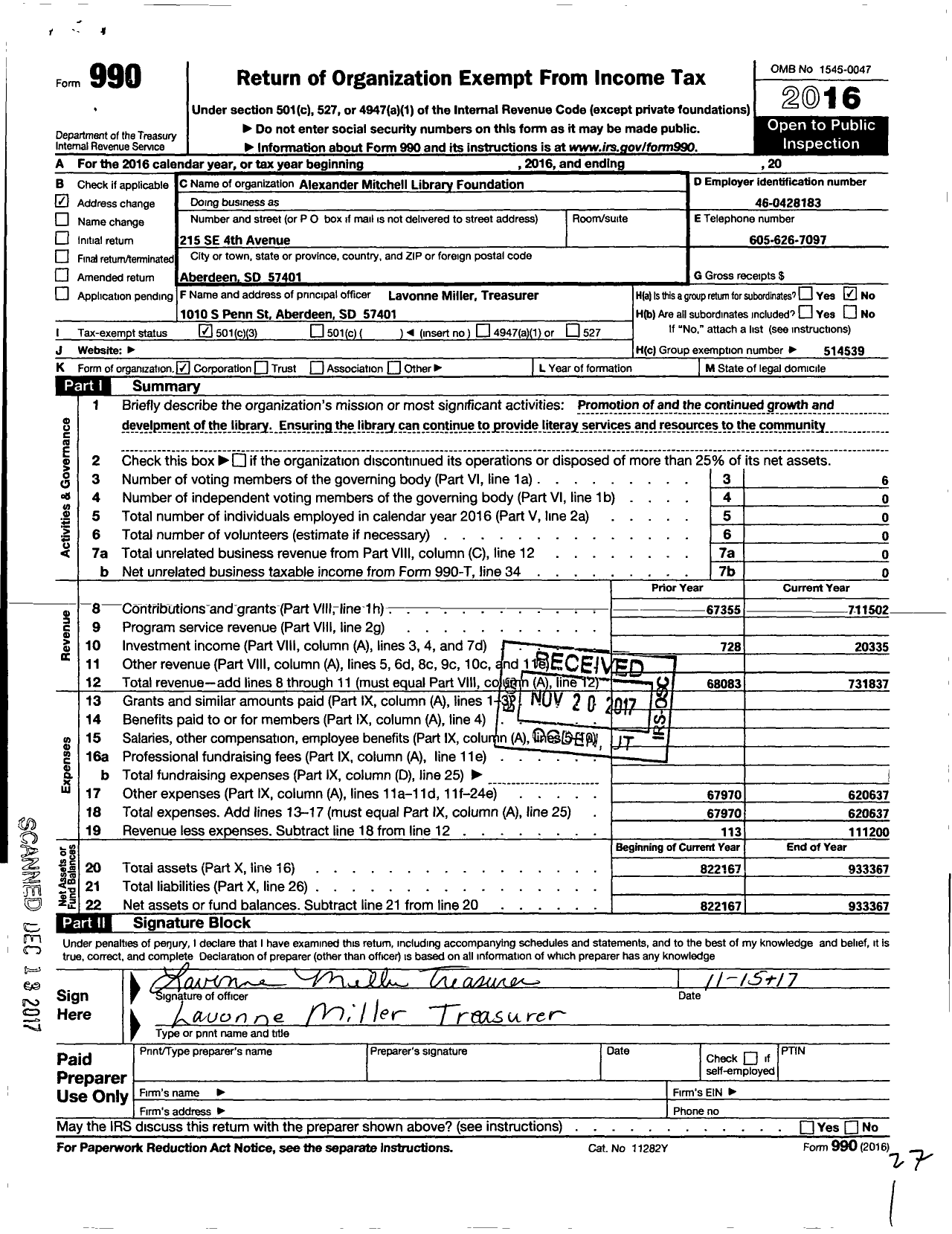 Image of first page of 2016 Form 990 for Aberdeen Library Foundation