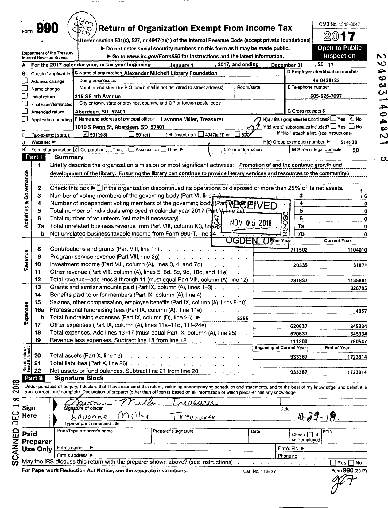 Image of first page of 2017 Form 990 for Aberdeen Library Foundation