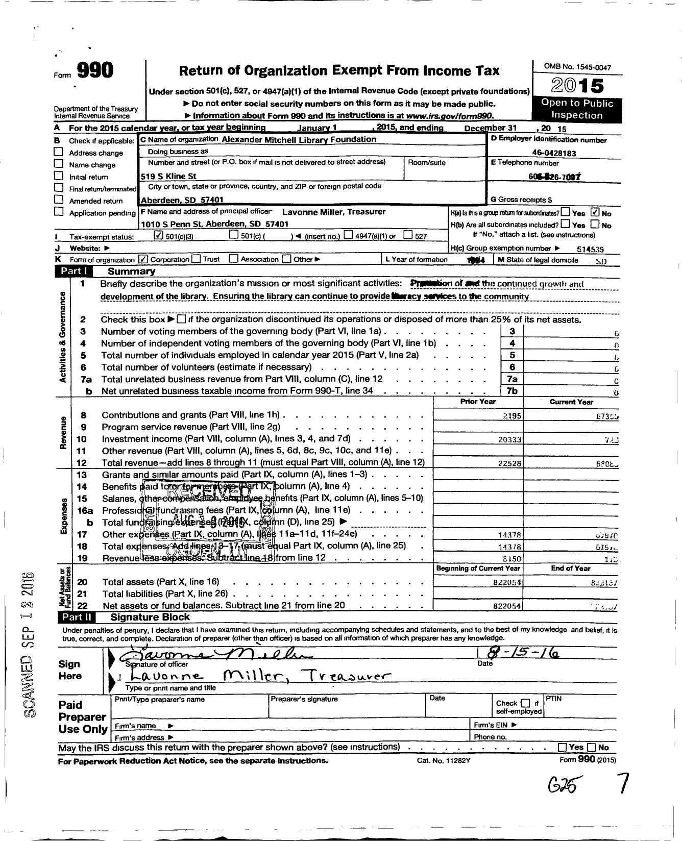 Image of first page of 2015 Form 990 for Aberdeen Library Foundation