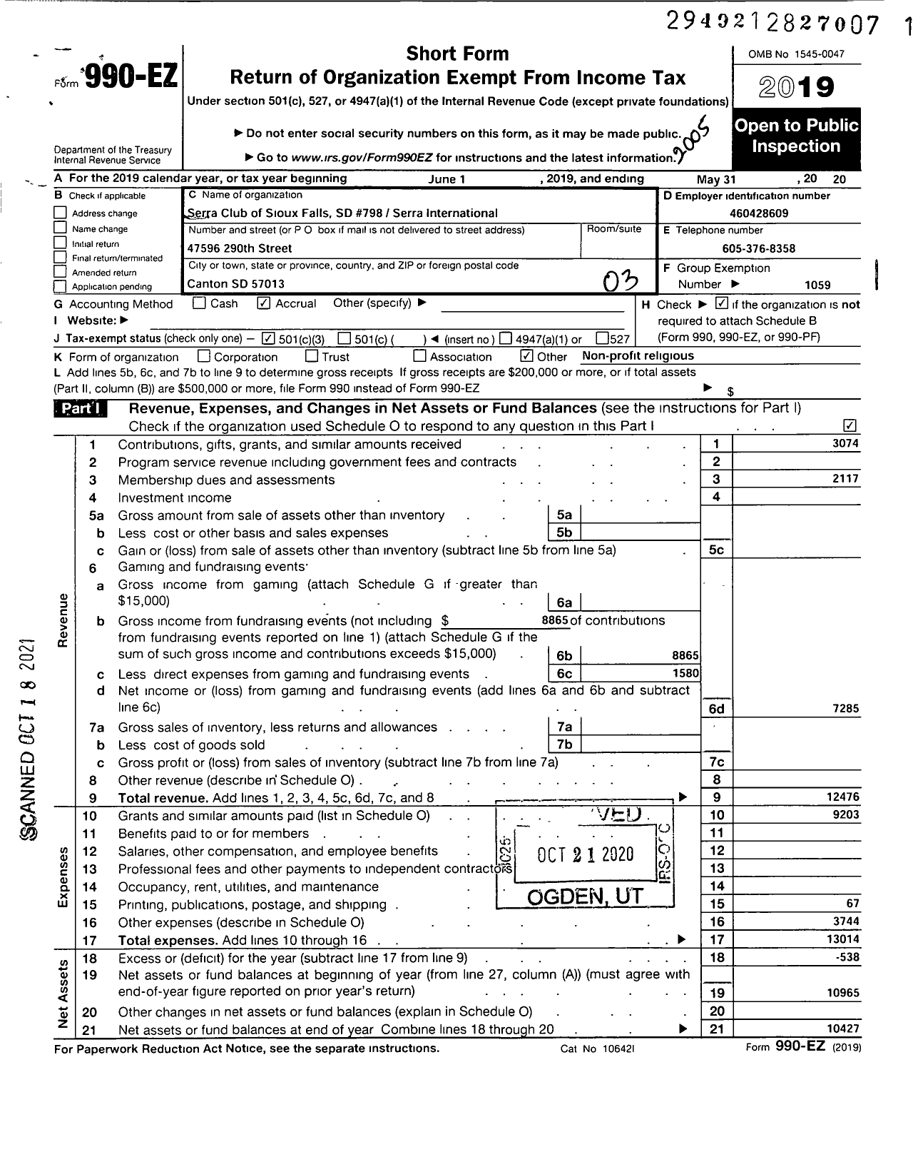 Image of first page of 2019 Form 990EZ for Serra International - 798 Sioux Falls Club