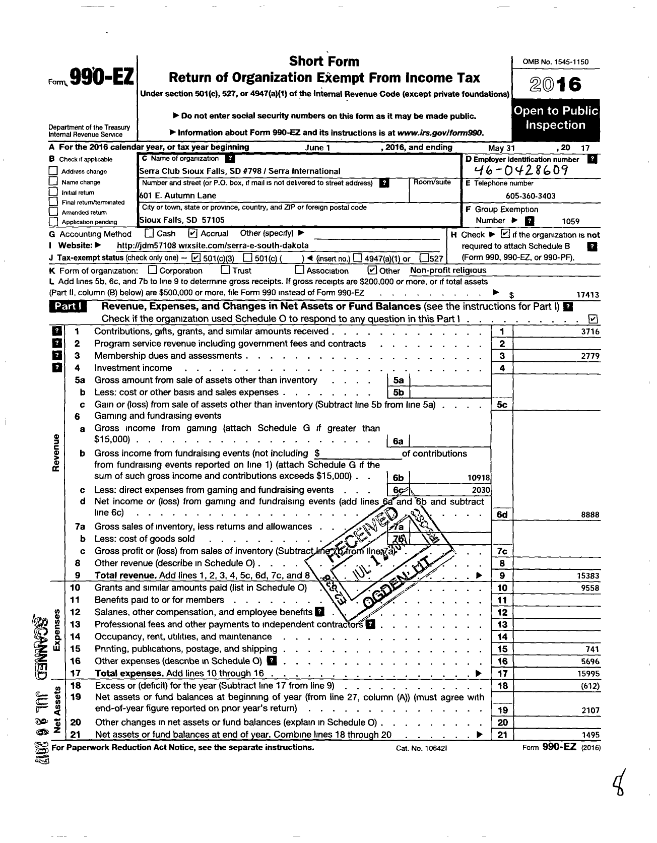 Image of first page of 2016 Form 990EZ for Serra International - 798 Sioux Falls Club