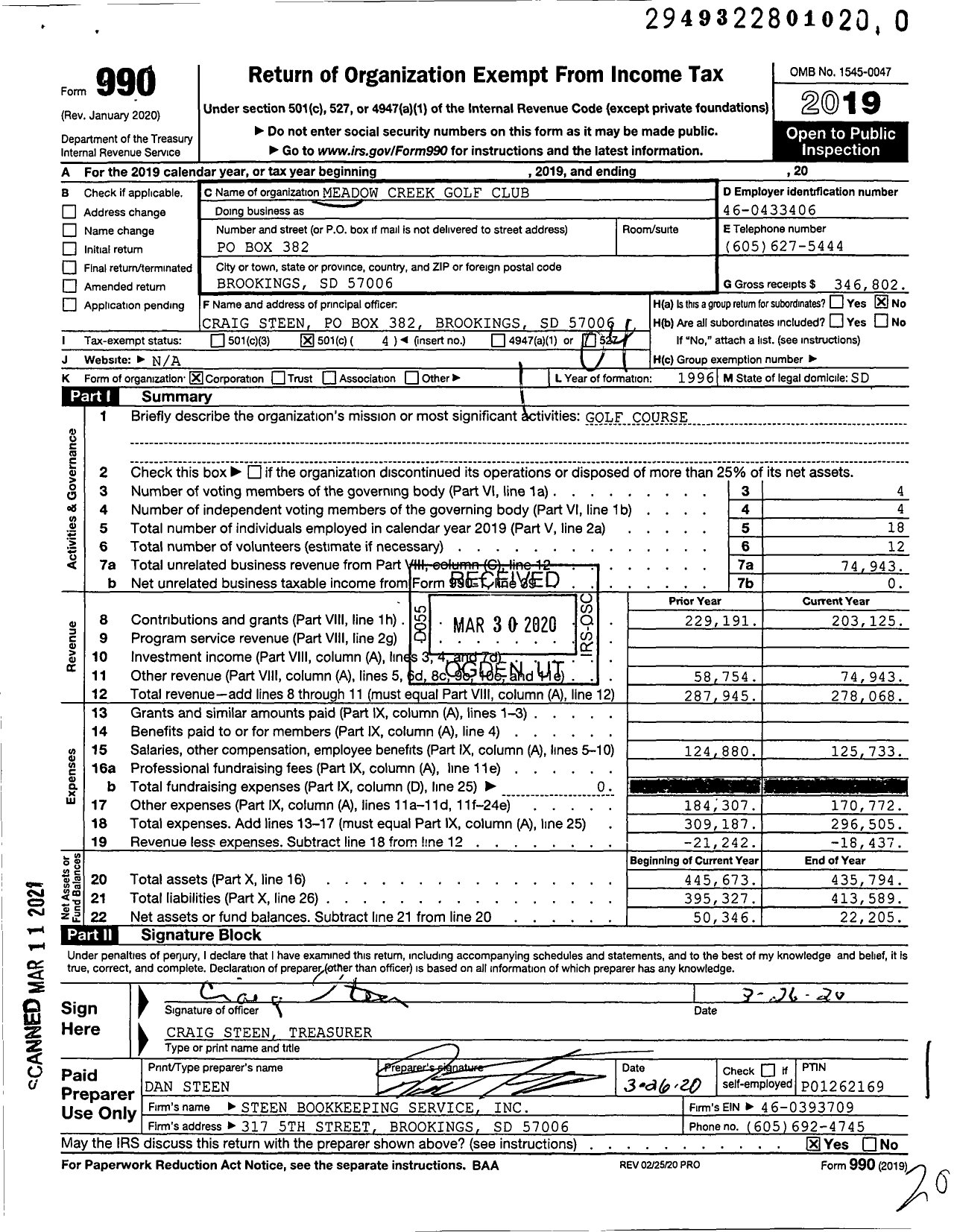 Image of first page of 2019 Form 990O for Meadow Creek Golf Club