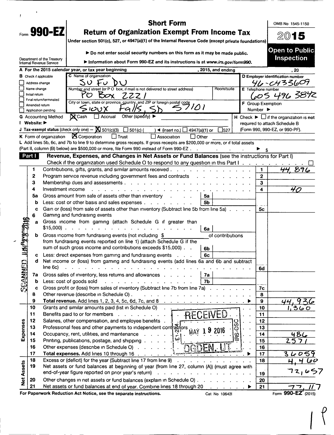 Image of first page of 2015 Form 990EZ for Su Fu Du