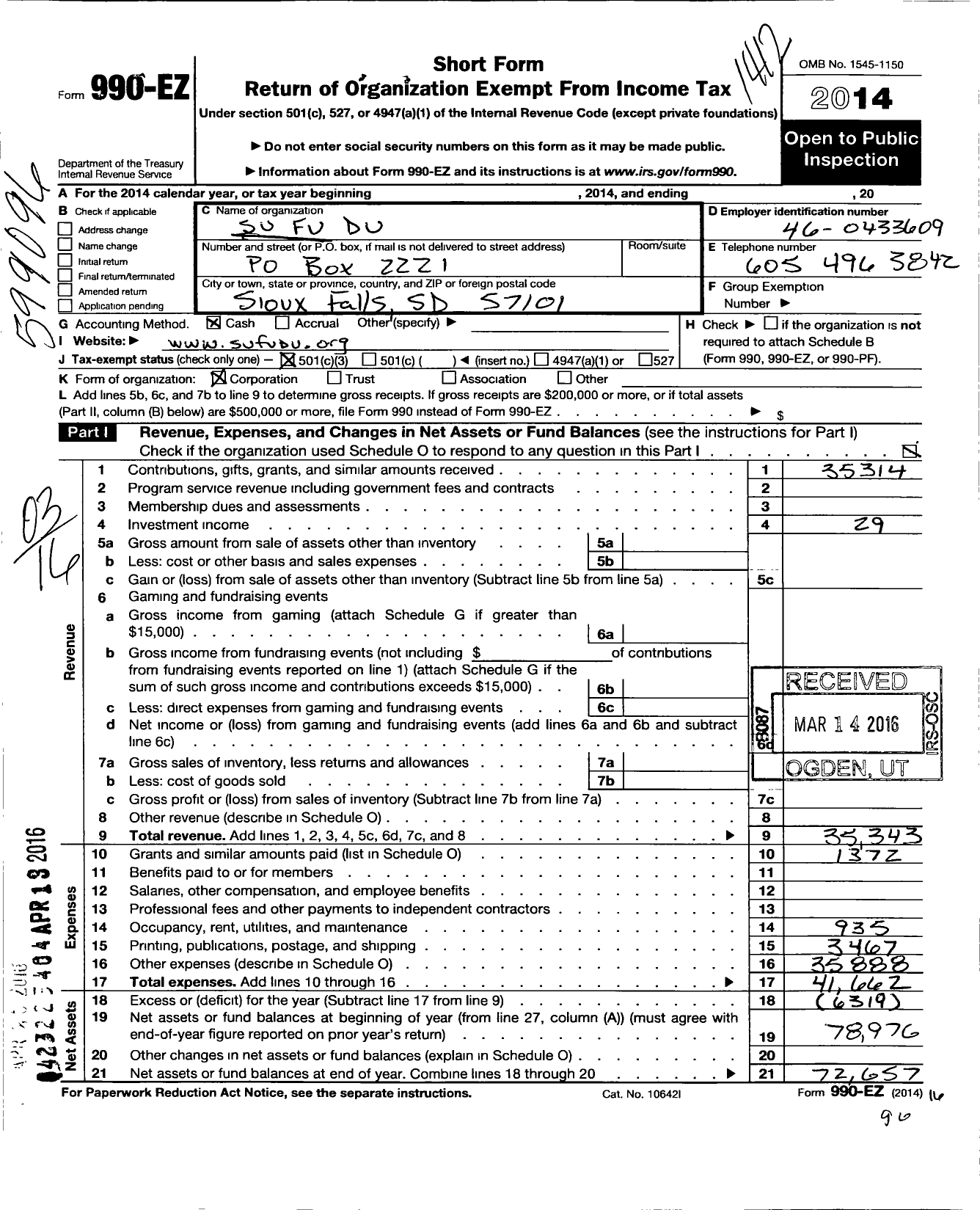 Image of first page of 2014 Form 990EZ for Su Fu Du