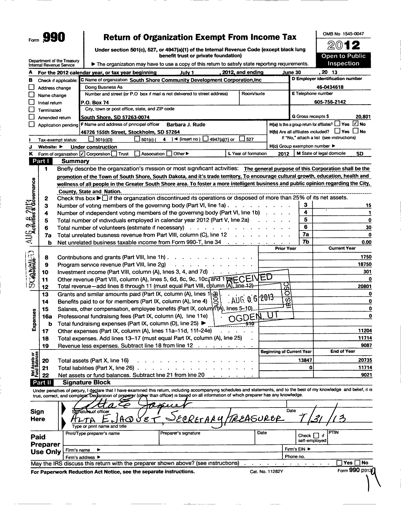 Image of first page of 2012 Form 990O for South Shore Development Corporation