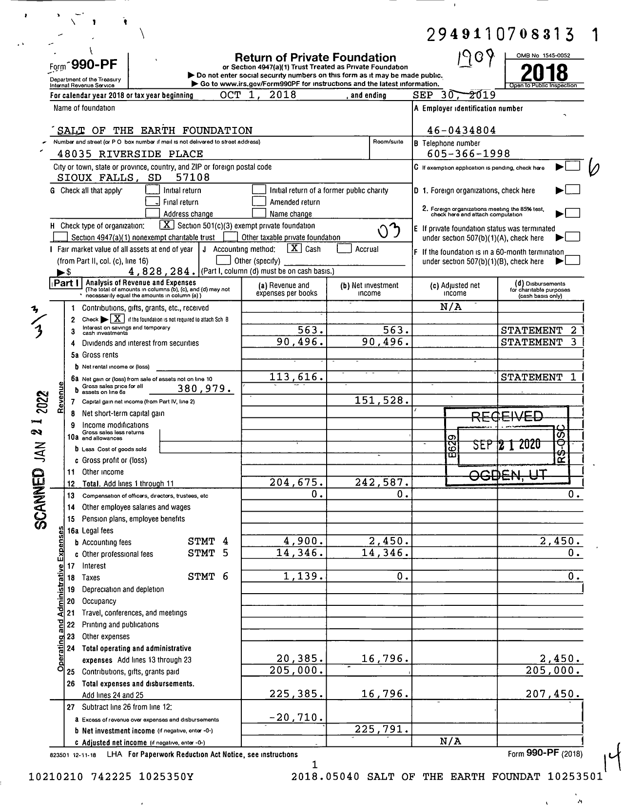 Image of first page of 2018 Form 990PF for Salt of the Earth Foundation