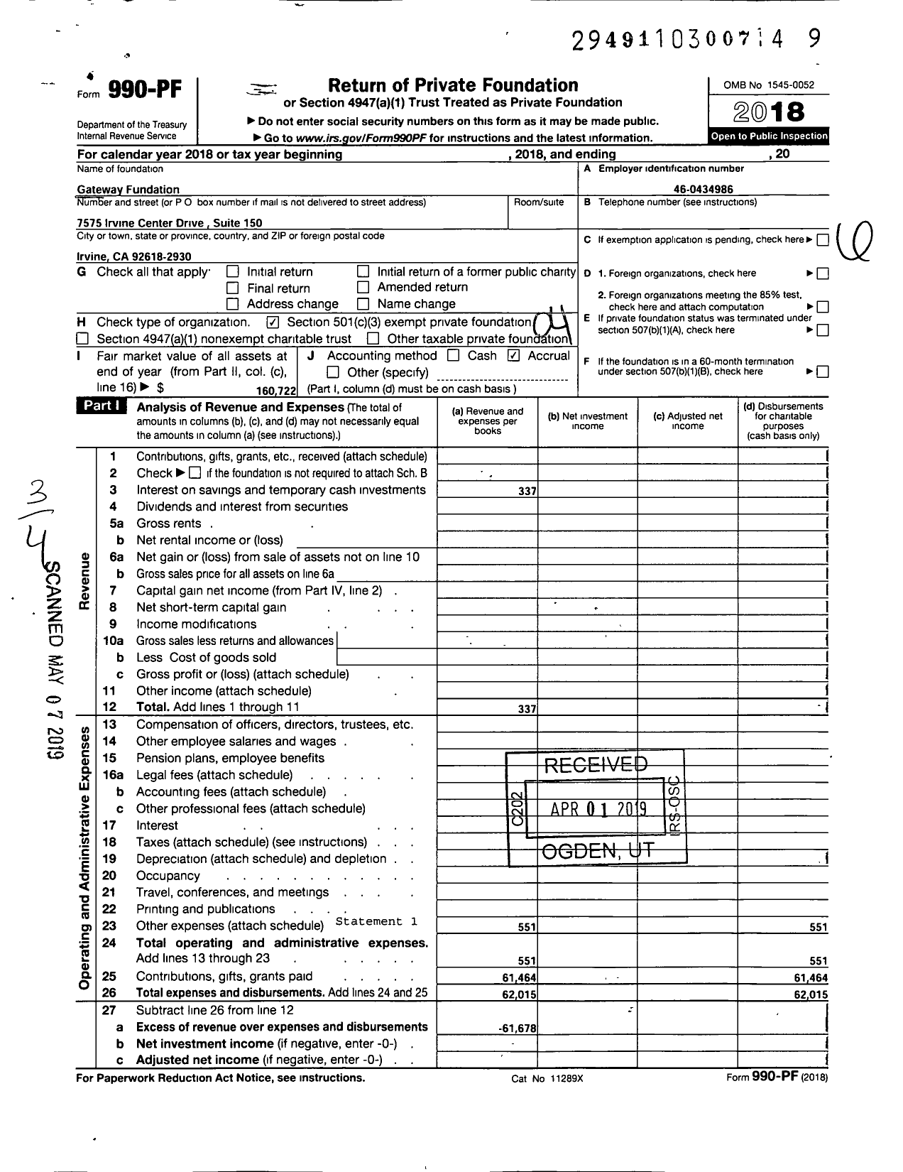 Image of first page of 2018 Form 990PF for Gateway 2000 Foundation