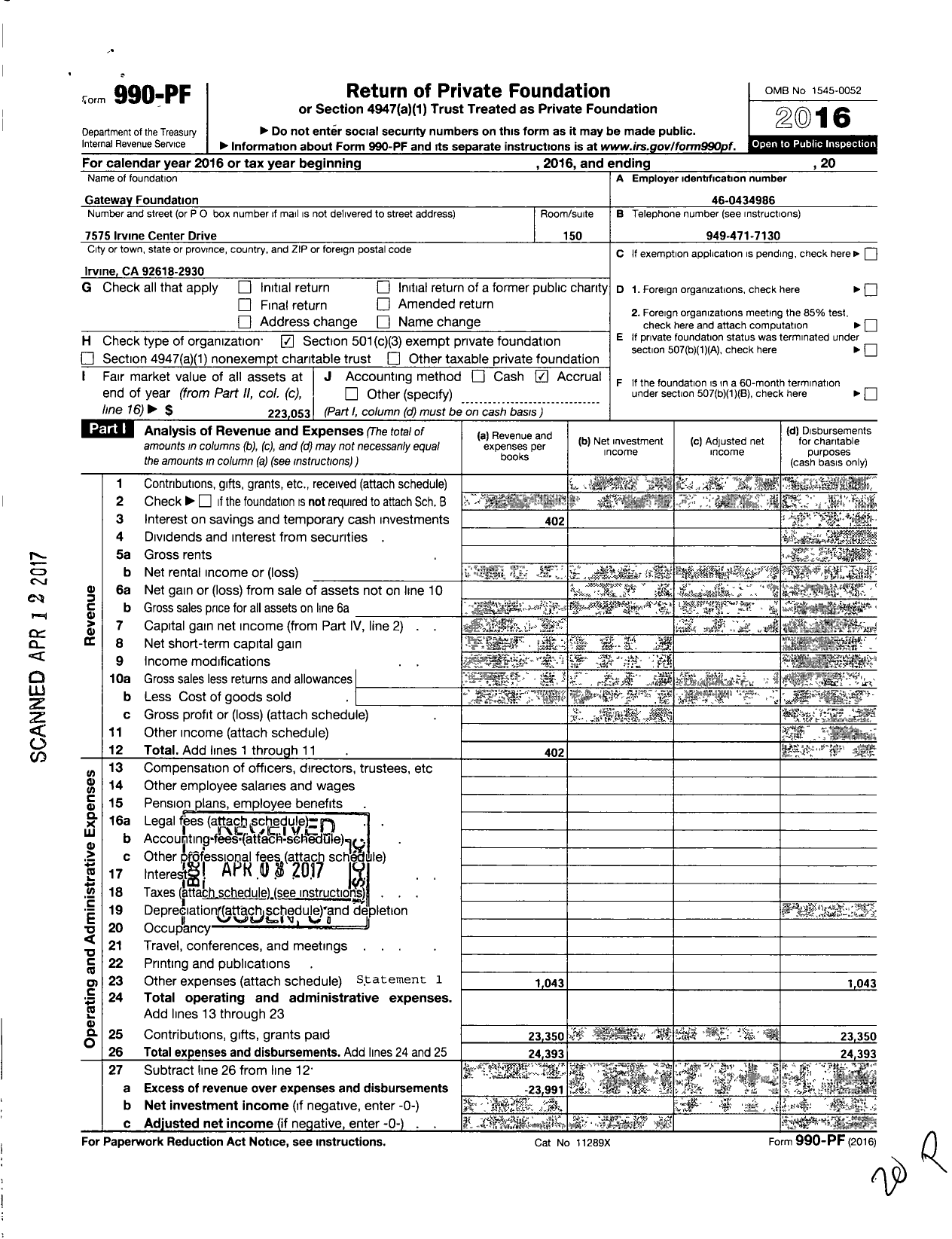 Image of first page of 2016 Form 990PF for Gateway 2000 Foundation