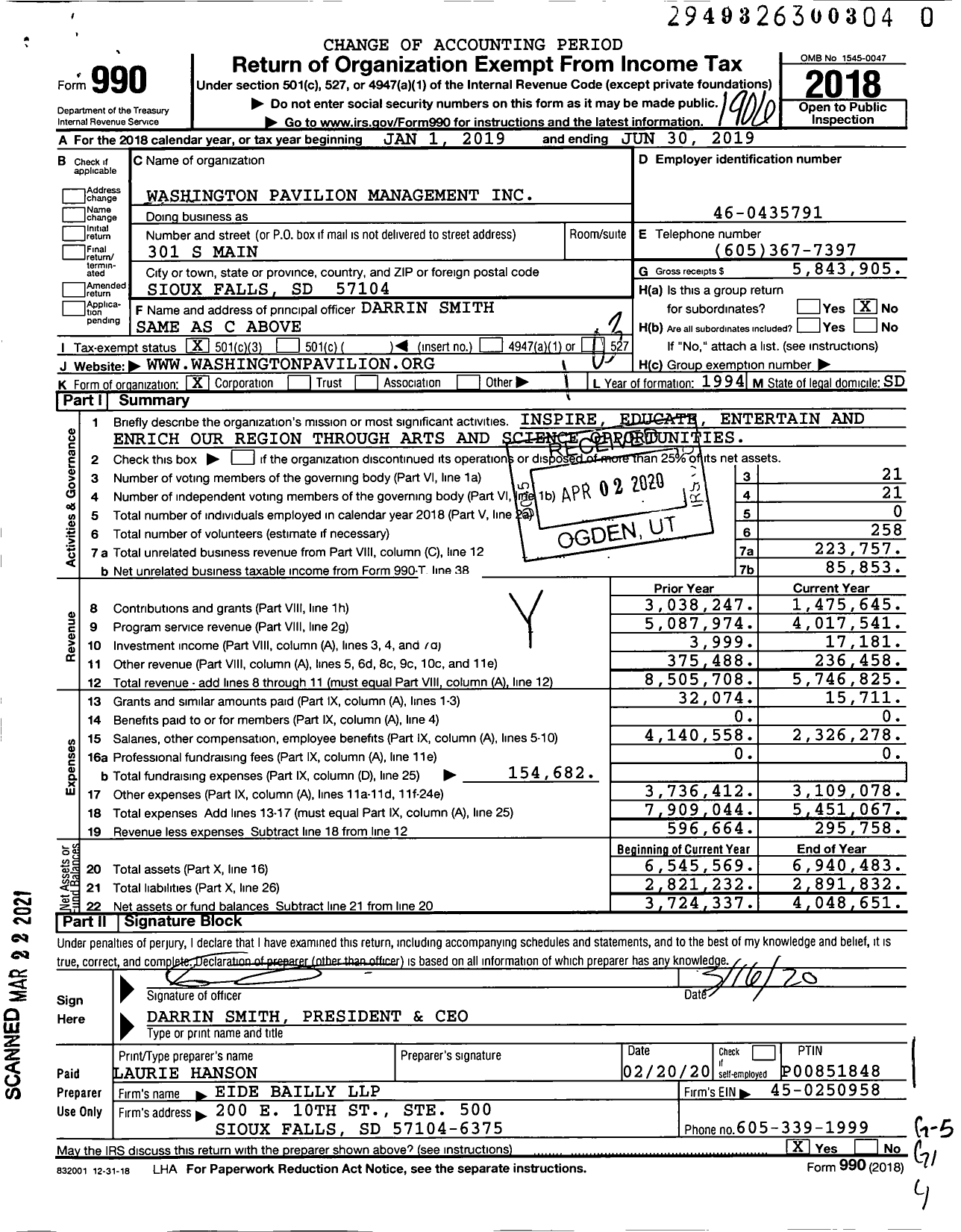 Image of first page of 2018 Form 990 for Washington Pavilion Management