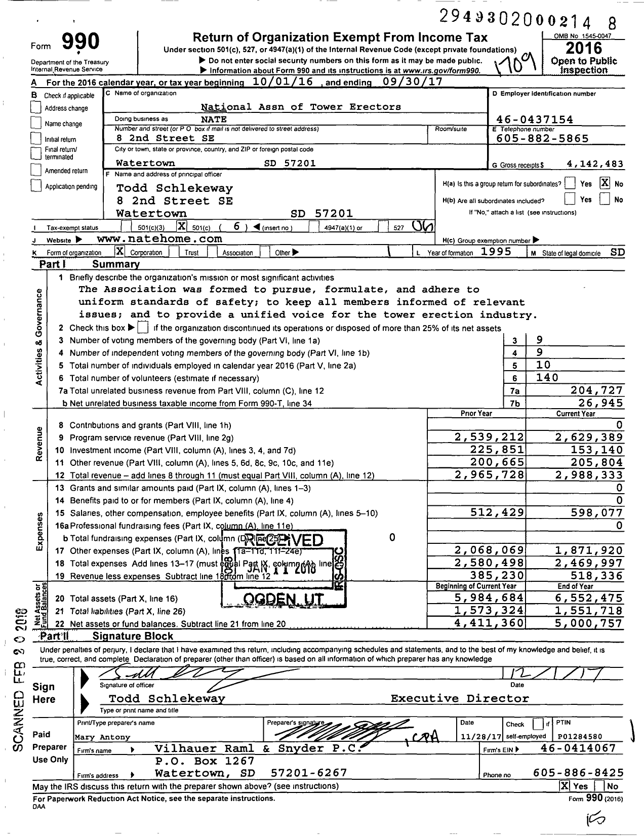 Image of first page of 2016 Form 990O for National Association of Tower Erectors (NATE)