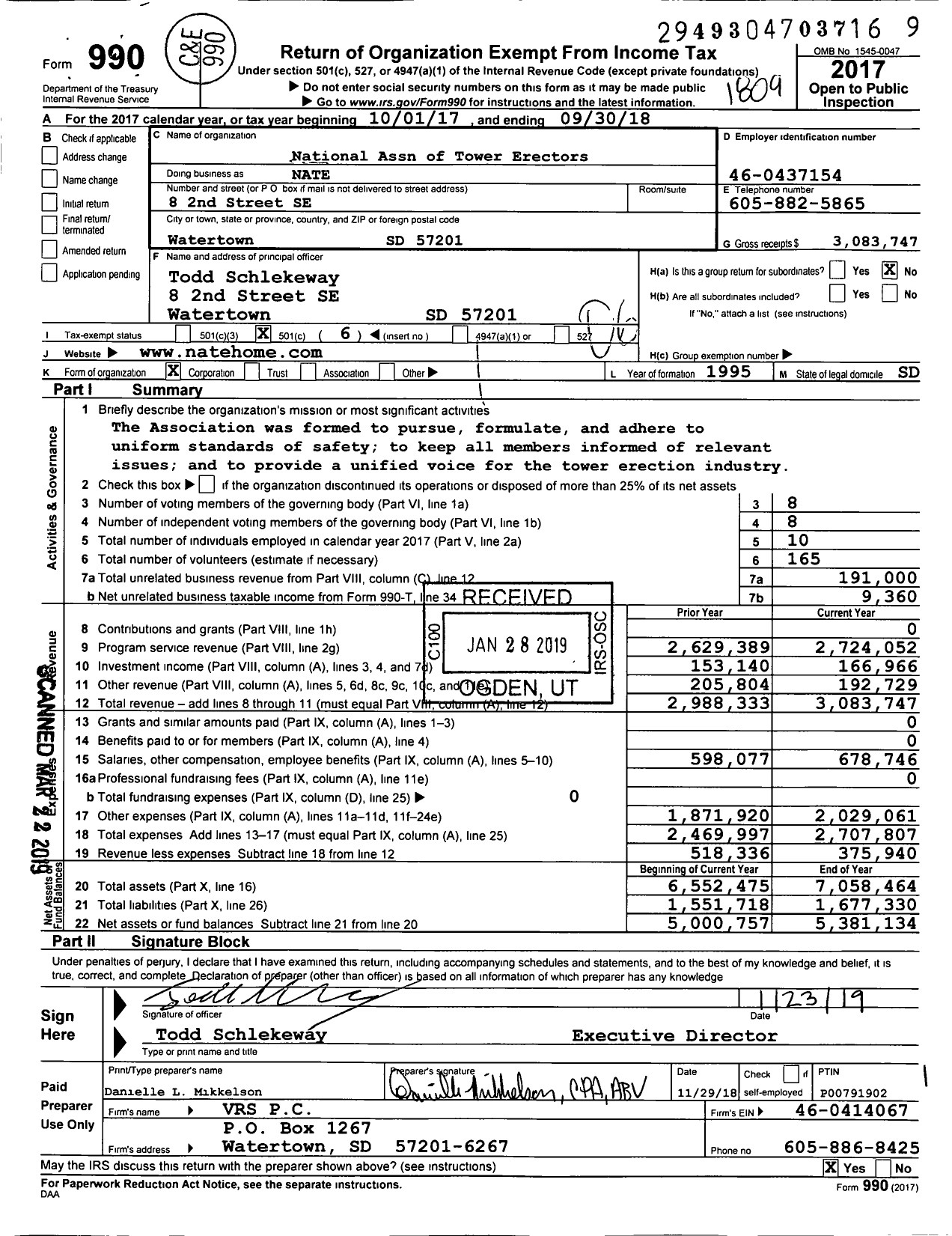 Image of first page of 2017 Form 990O for National Association of Tower Erectors (NATE)