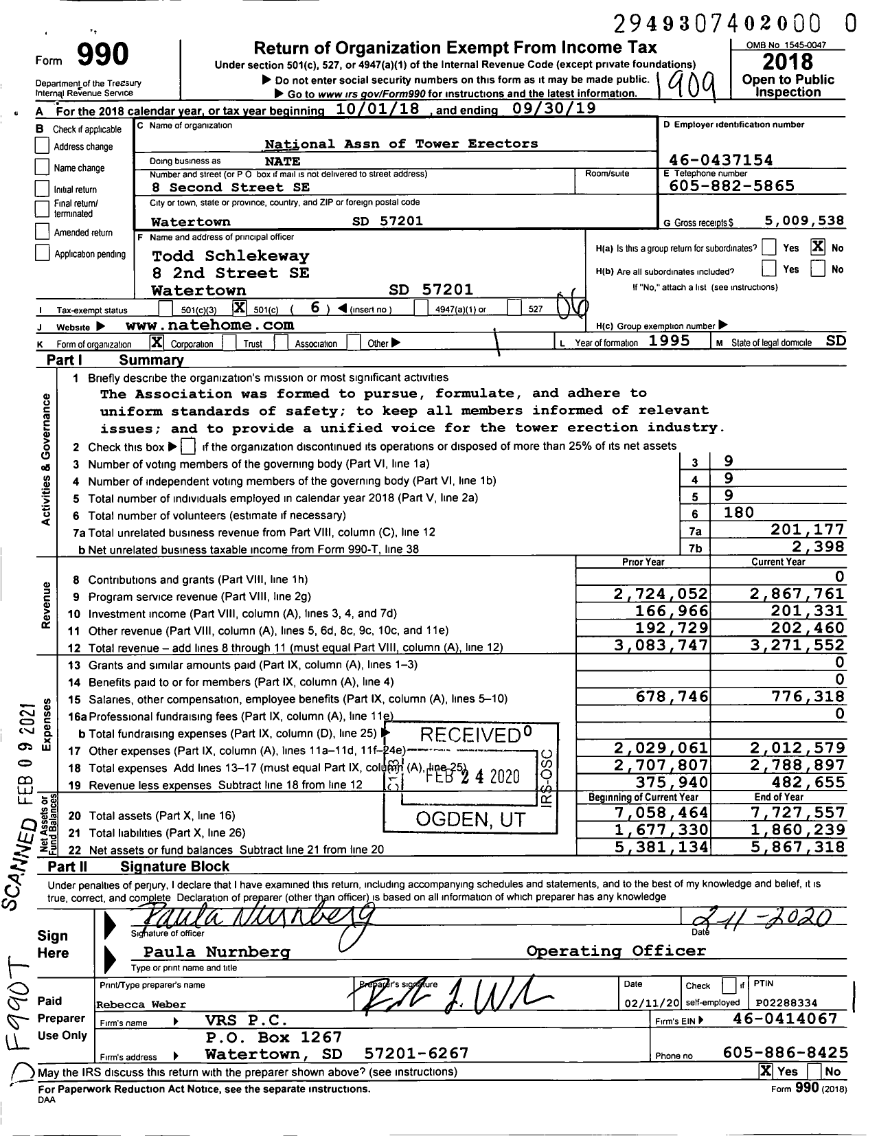 Image of first page of 2018 Form 990O for National Association of Tower Erectors (NATE)