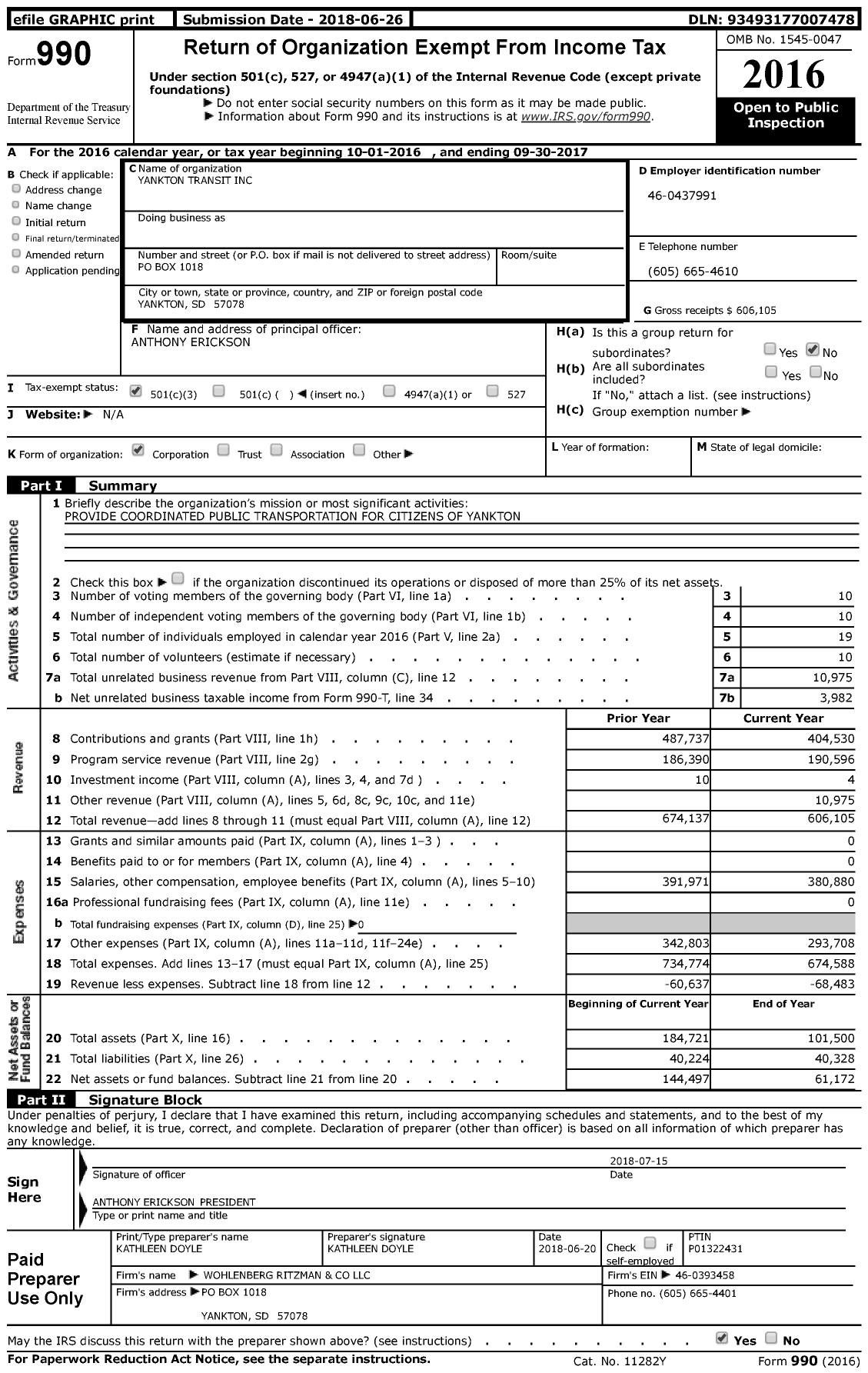 Image of first page of 2016 Form 990 for Yankton Transit