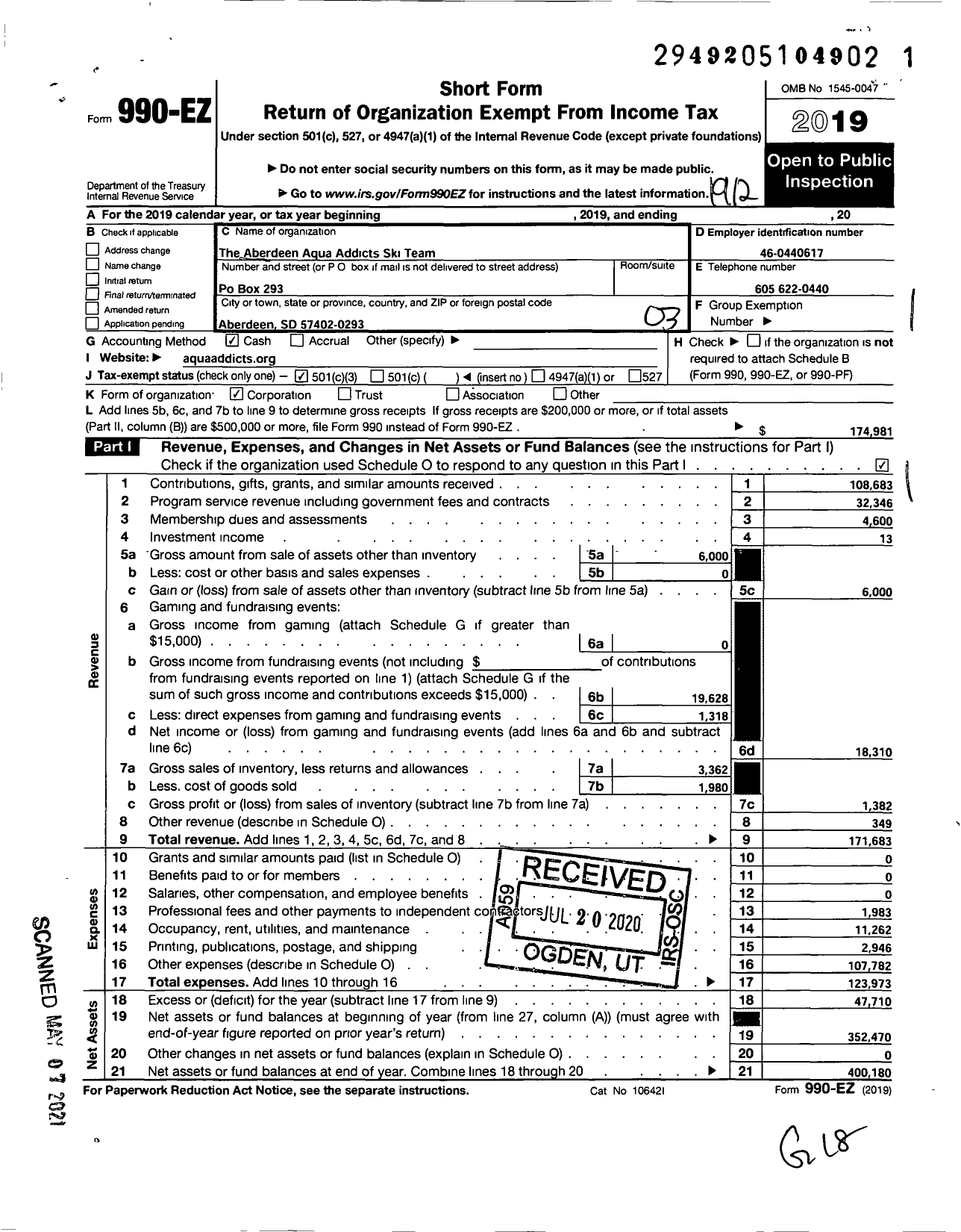 Image of first page of 2019 Form 990EZ for The Aberdeen Aqua Addicts Ski Team