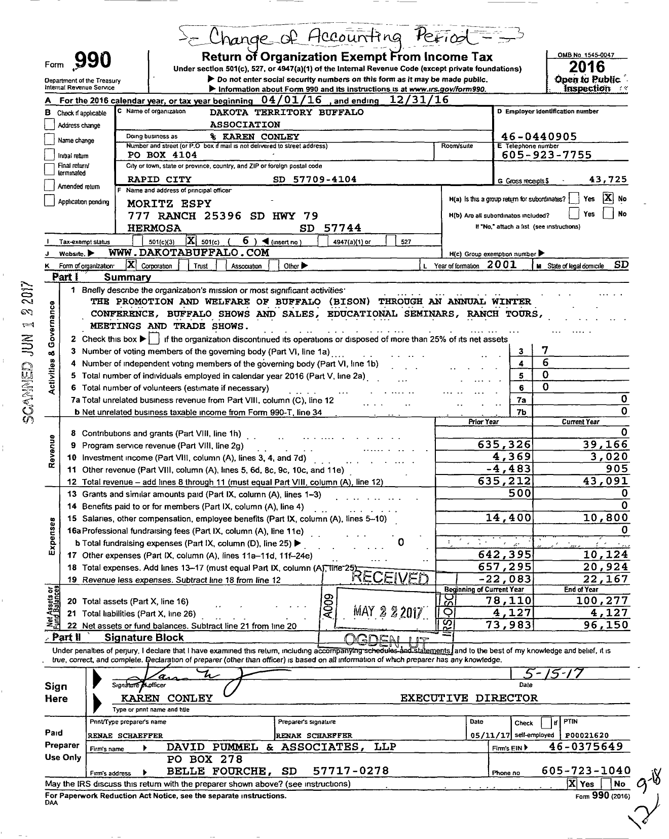 Image of first page of 2016 Form 990O for James Degenstein