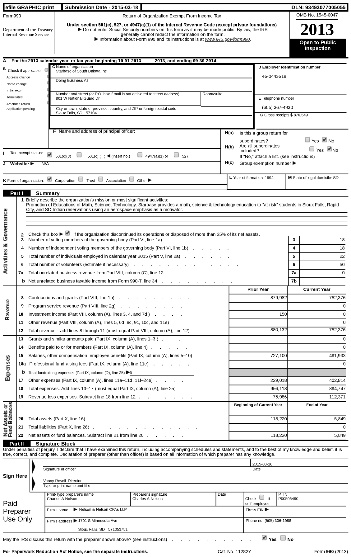 Image of first page of 2013 Form 990 for Starbase of South Dakota