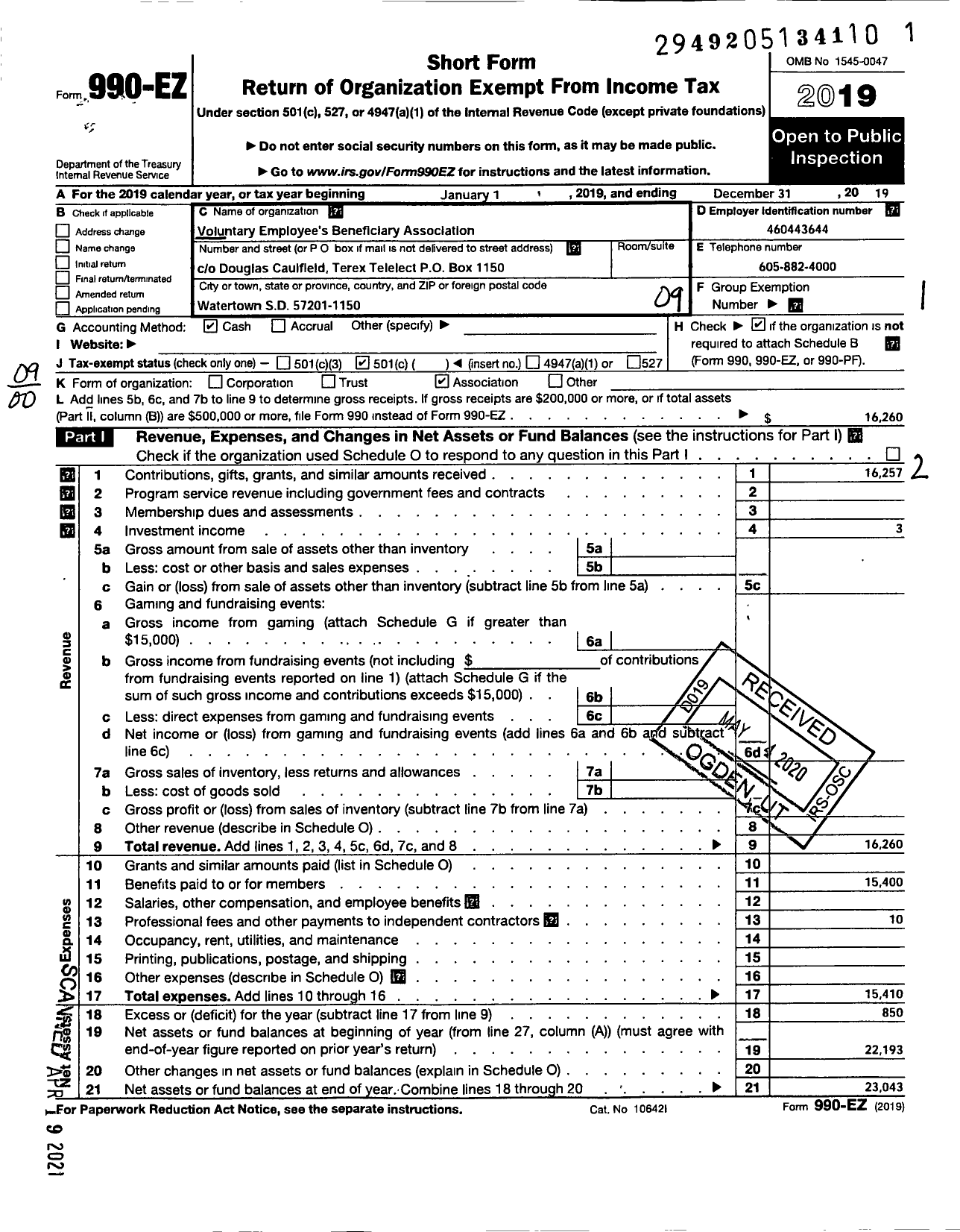 Image of first page of 2019 Form 990EO for Voluntary Employee's Beneficiary Association