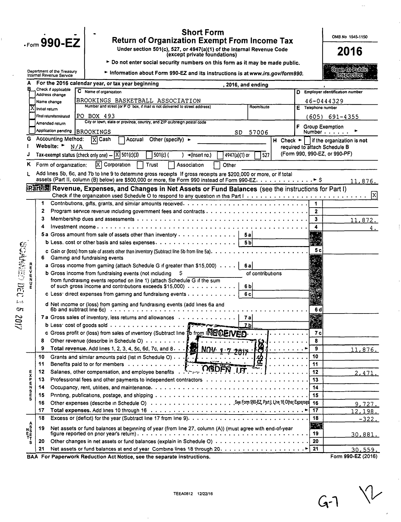 Image of first page of 2016 Form 990EZ for Brookings Basketball Association