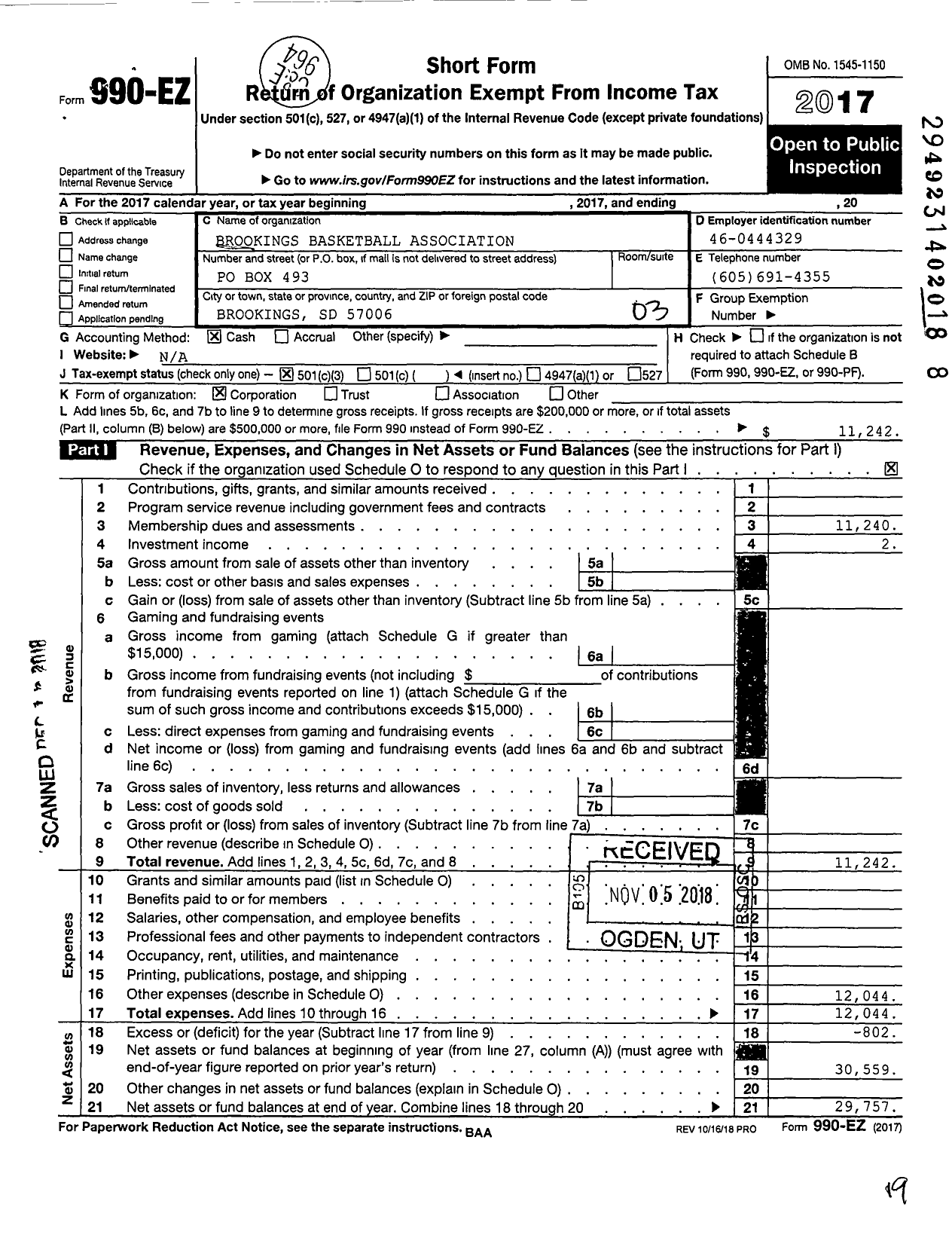 Image of first page of 2017 Form 990EZ for Brookings Basketball Association