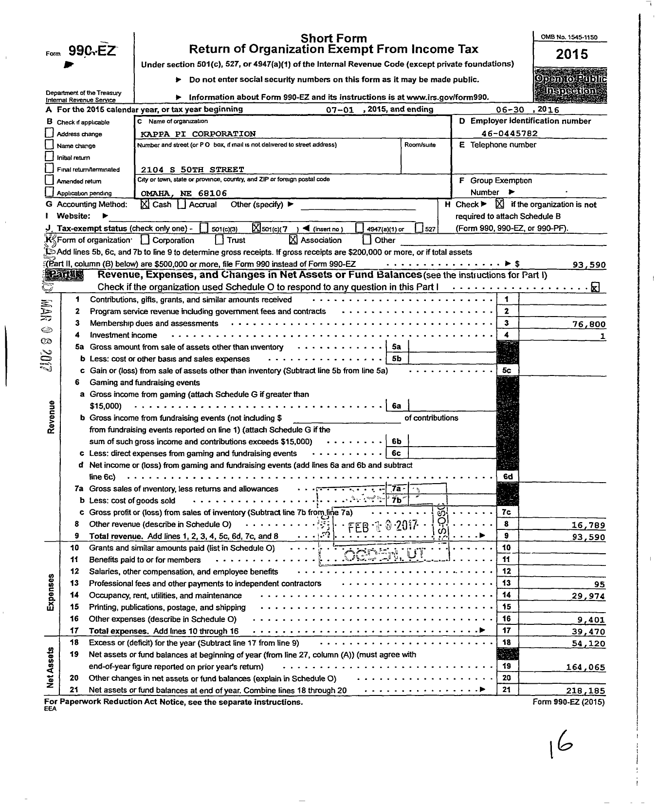 Image of first page of 2015 Form 990EO for Kappa Pi Corporation