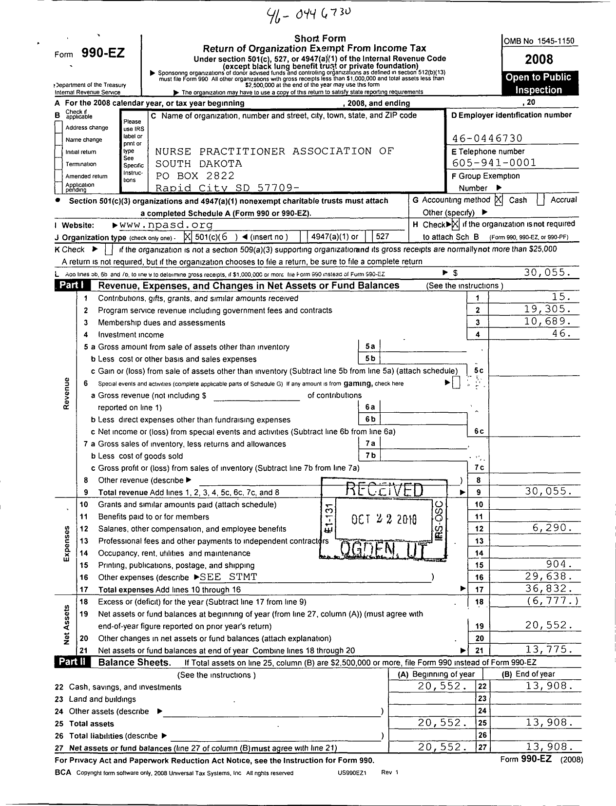 Image of first page of 2008 Form 990EOR for Nurse Practitioner Association of South Dakota