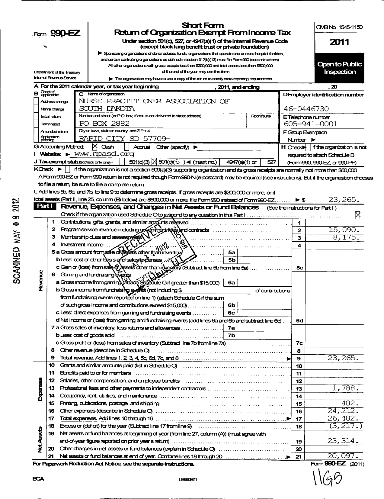 Image of first page of 2011 Form 990EO for Nurse Practitioner Association of South Dakota