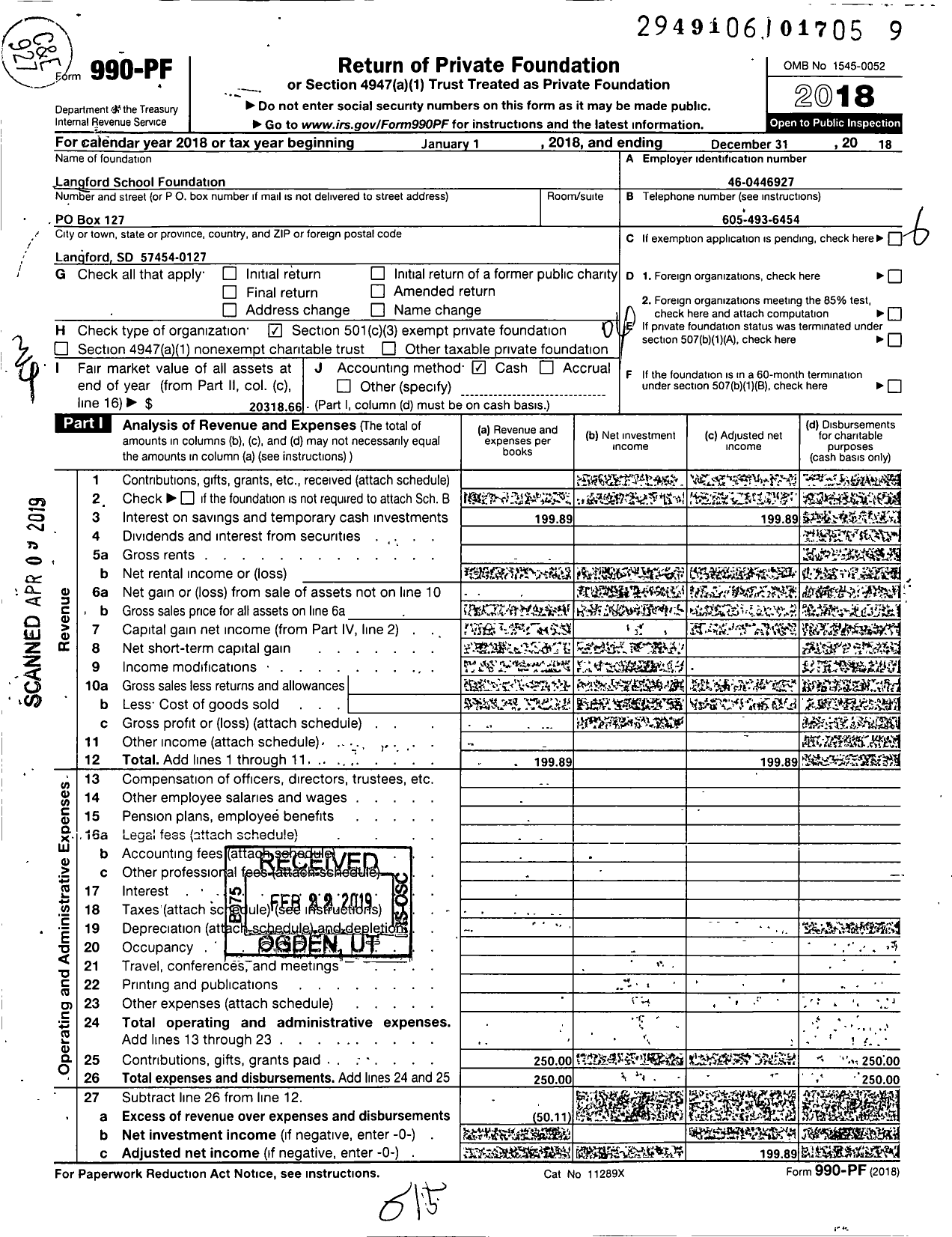 Image of first page of 2018 Form 990PF for Langford School Foundation