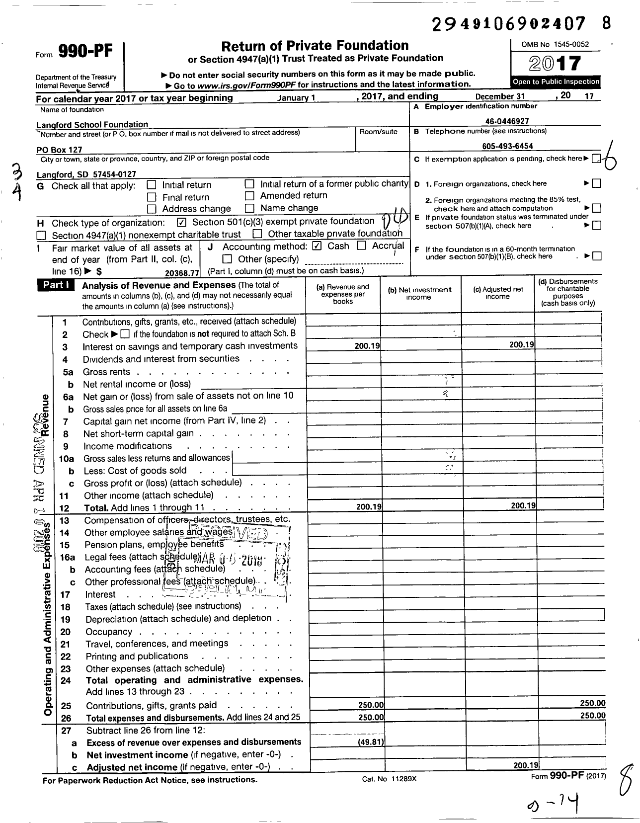 Image of first page of 2017 Form 990PF for Langford School Foundation