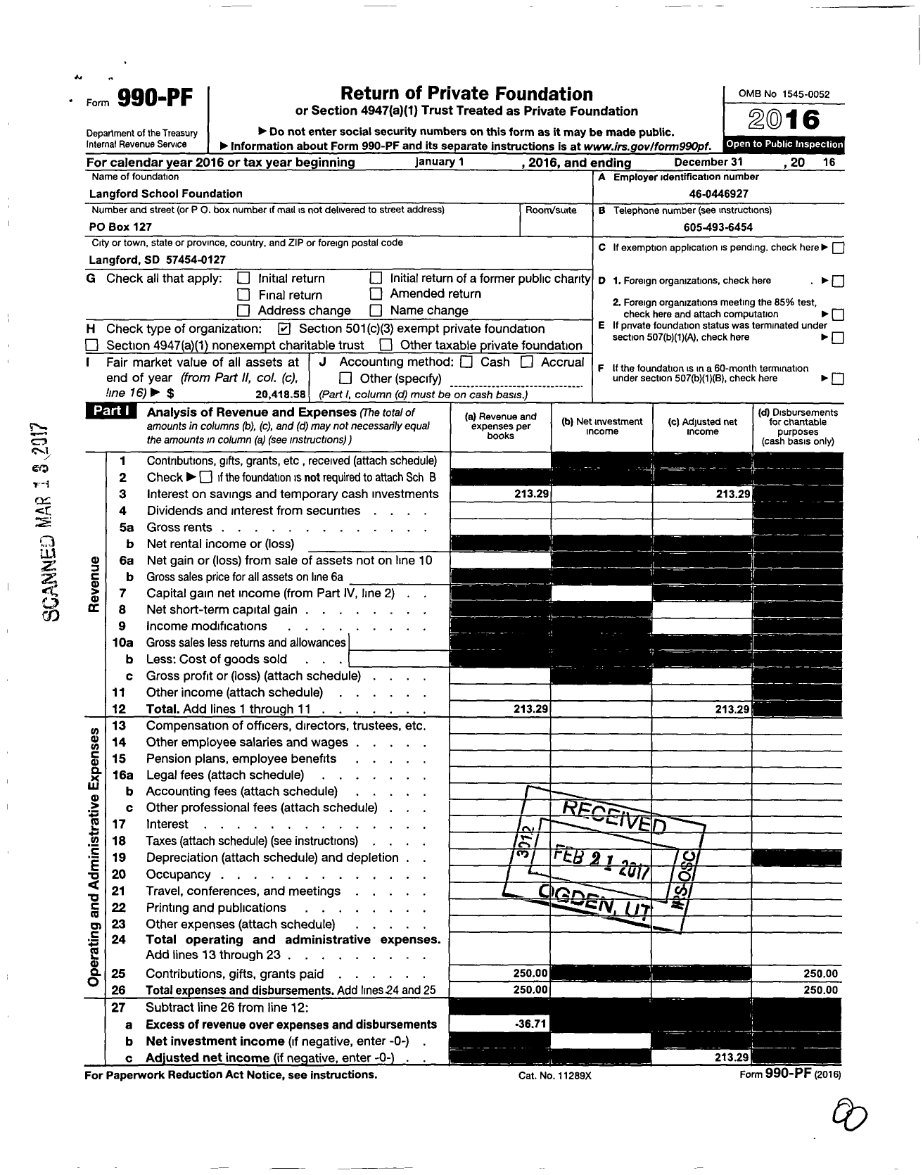 Image of first page of 2016 Form 990PF for Langford School Foundation