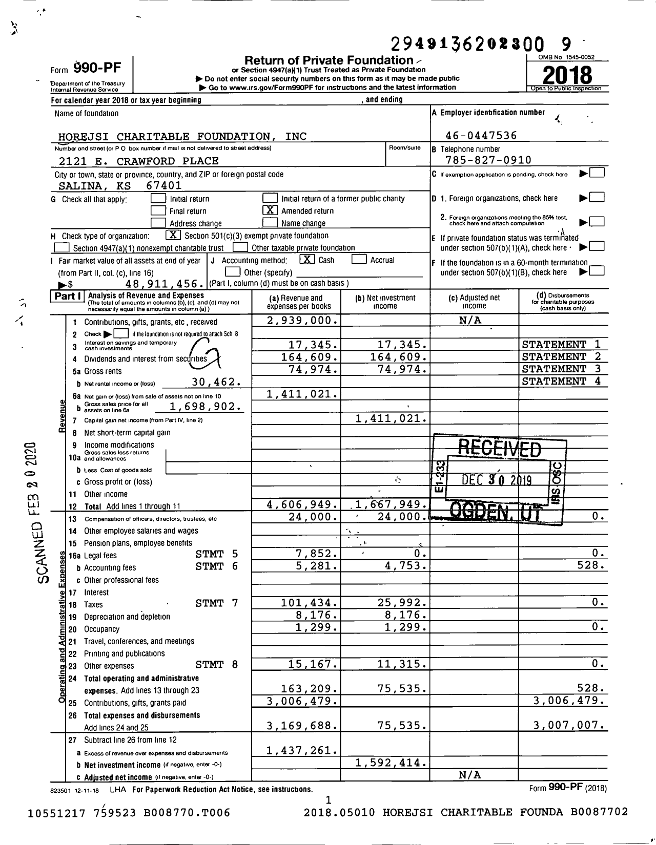 Image of first page of 2018 Form 990PF for Horejsi Charitable Foundation