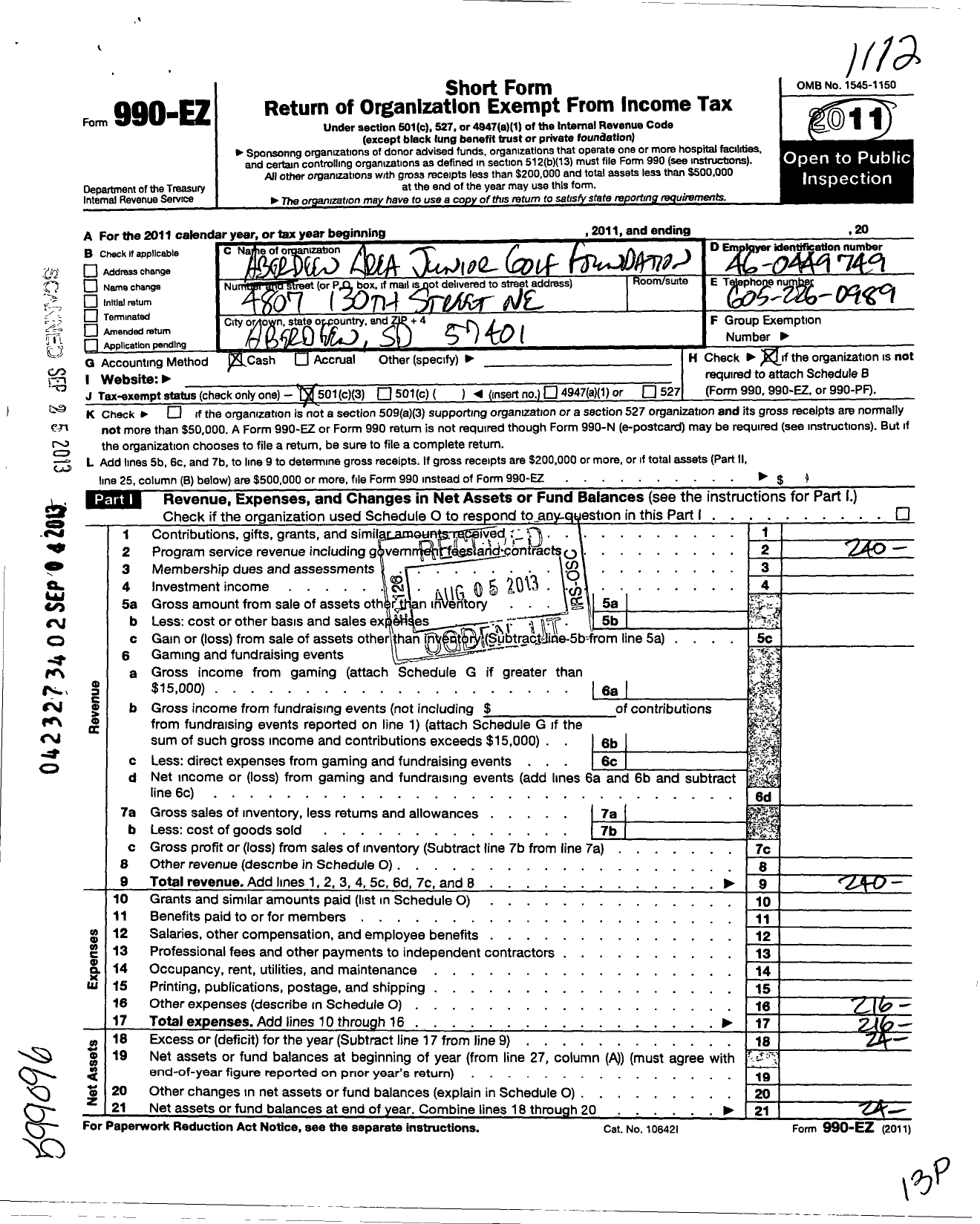 Image of first page of 2011 Form 990EZ for Junior Golf Aberdeen