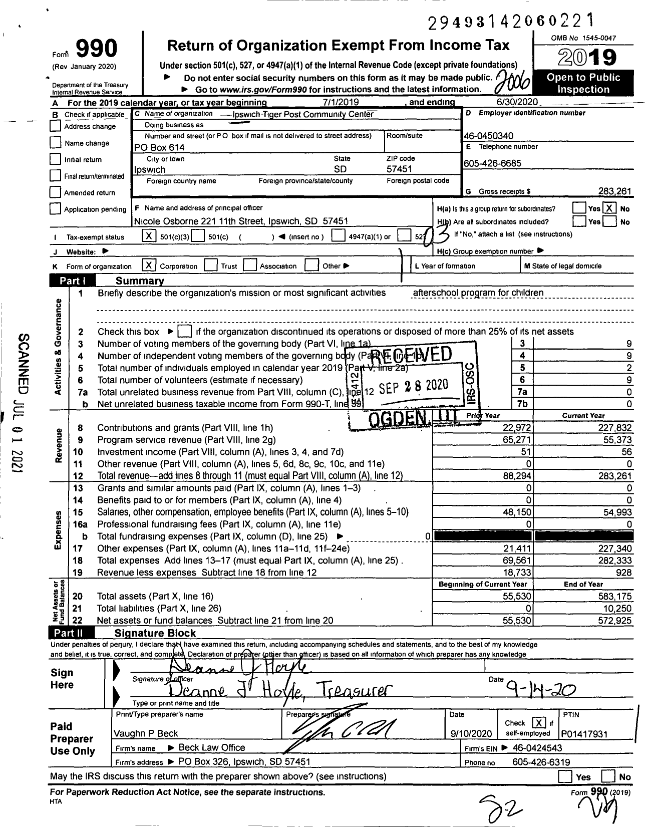 Image of first page of 2019 Form 990 for Ipswich Tiger Post Community Center