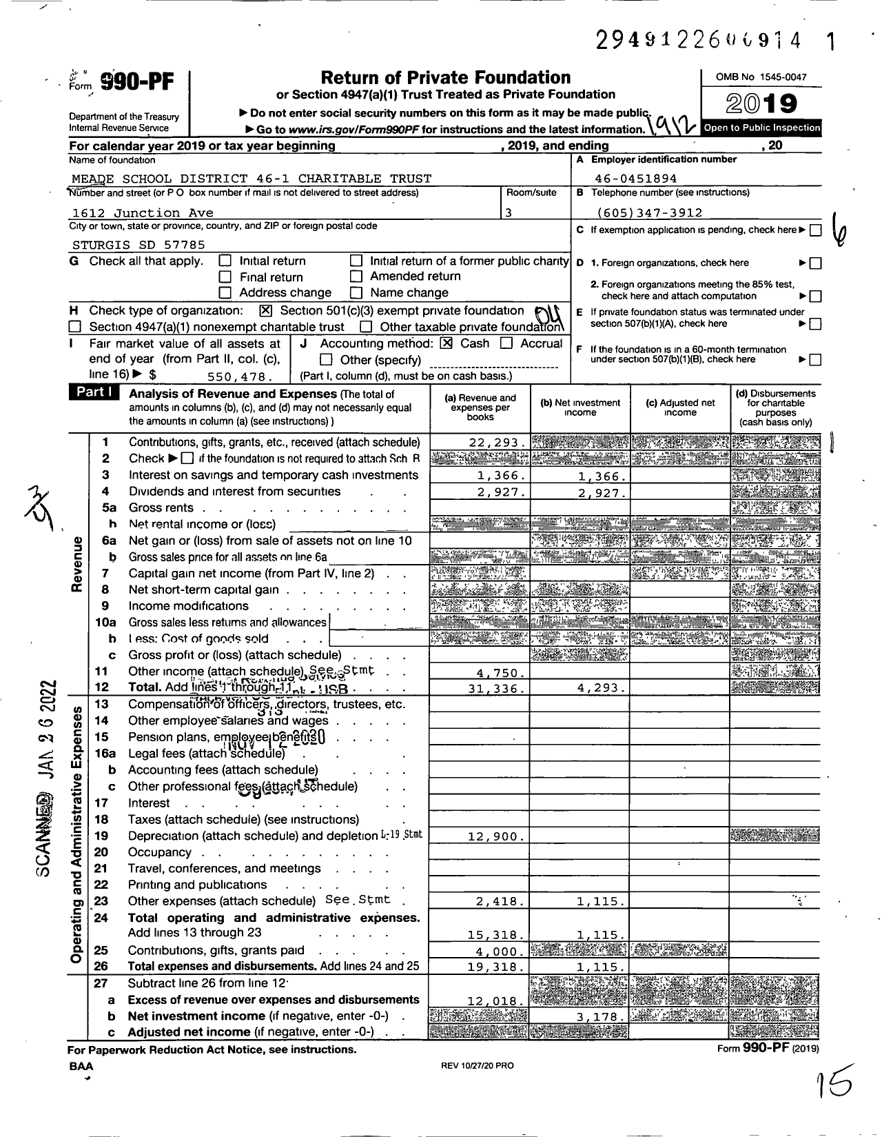 Image of first page of 2019 Form 990PF for Meade School District 46-1 Charitable