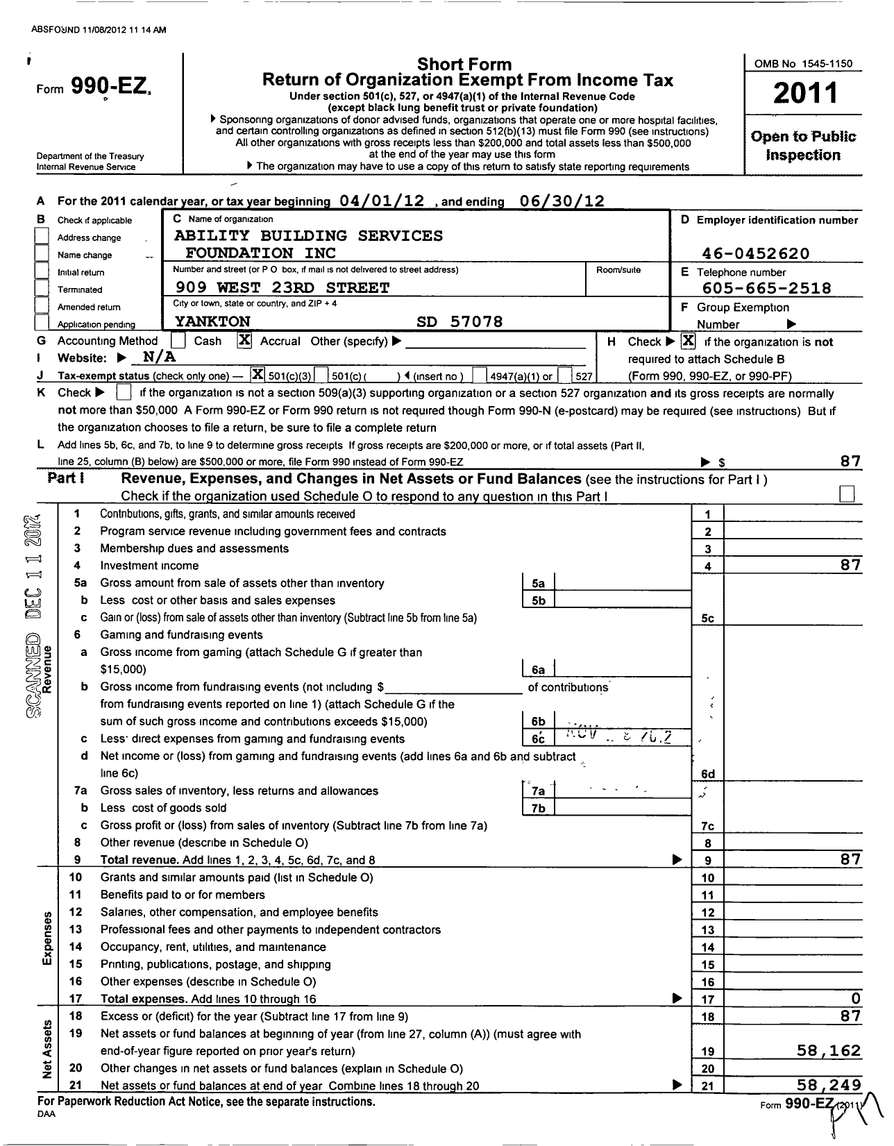 Image of first page of 2011 Form 990EZ for Ability Building Services Foundation