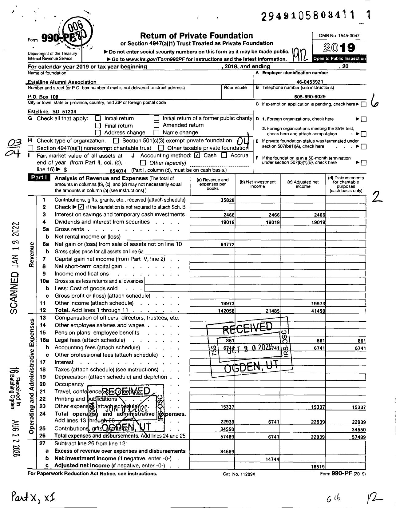 Image of first page of 2019 Form 990PF for Estelline Alumni Association