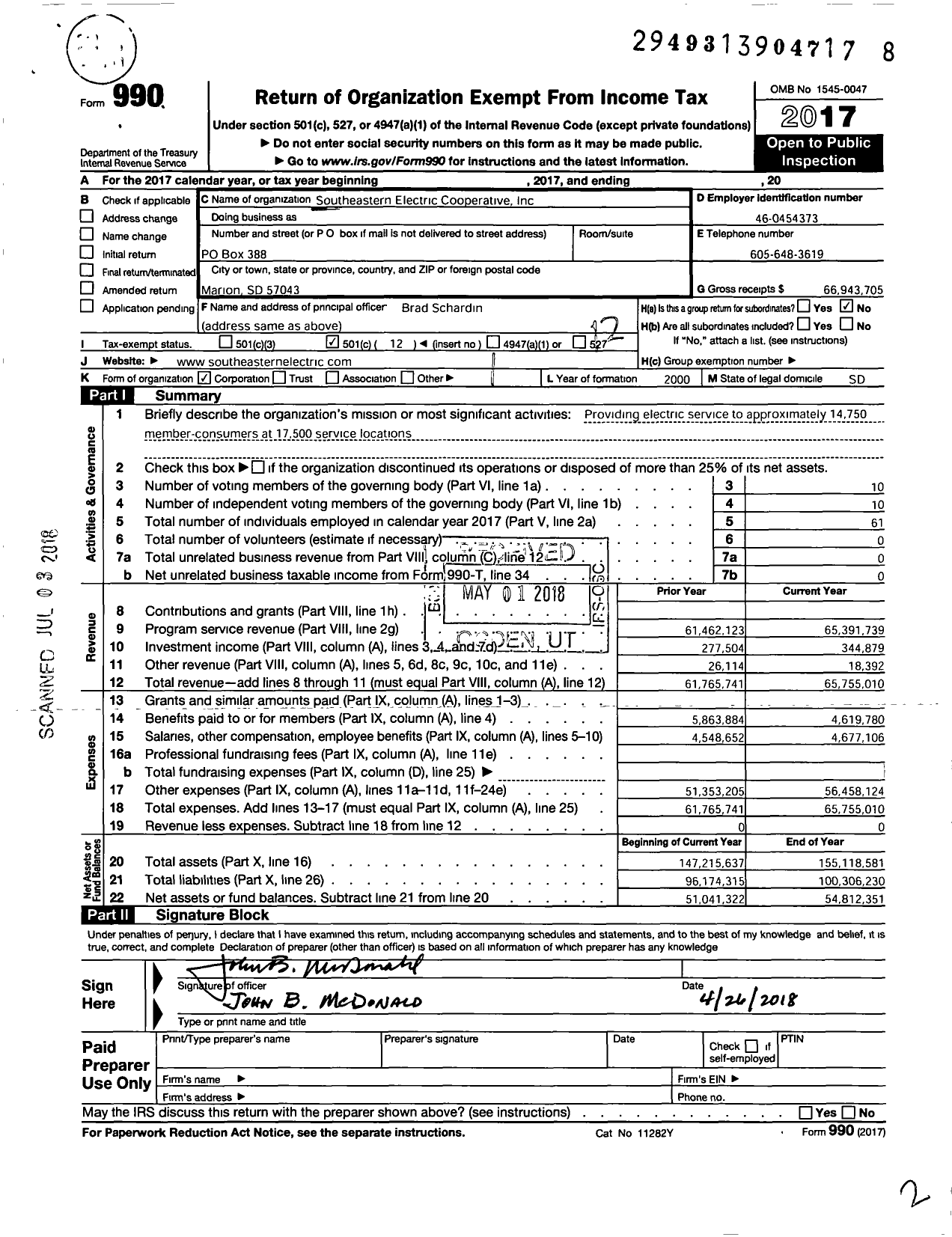 Image of first page of 2017 Form 990O for Southeastern Electric Cooperative