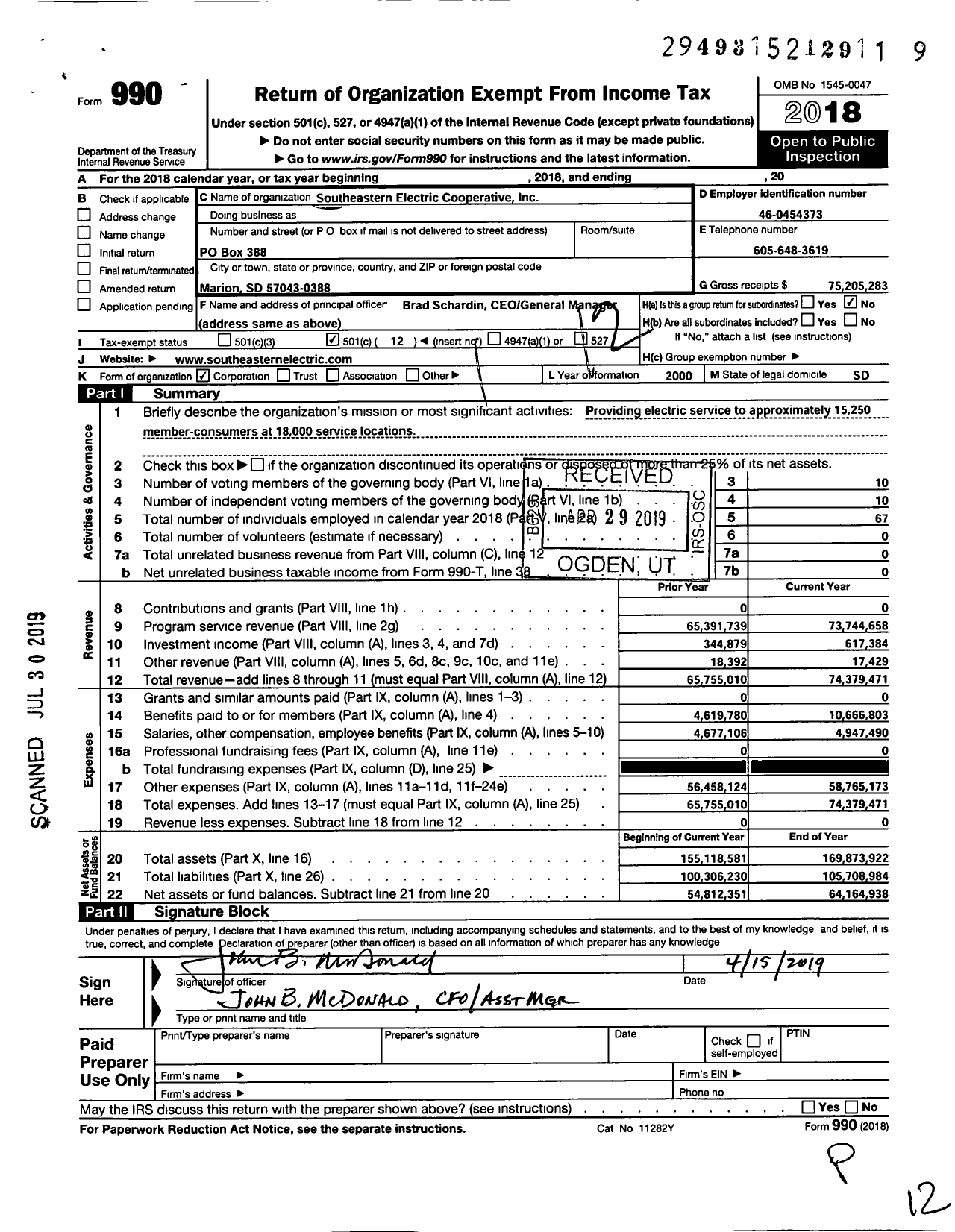 Image of first page of 2018 Form 990O for Southeastern Electric Cooperative