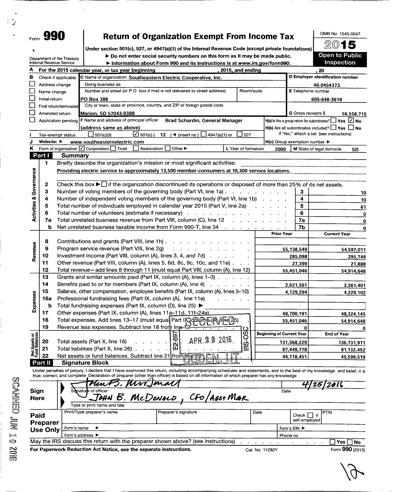Image of first page of 2015 Form 990O for Southeastern Electric Cooperative