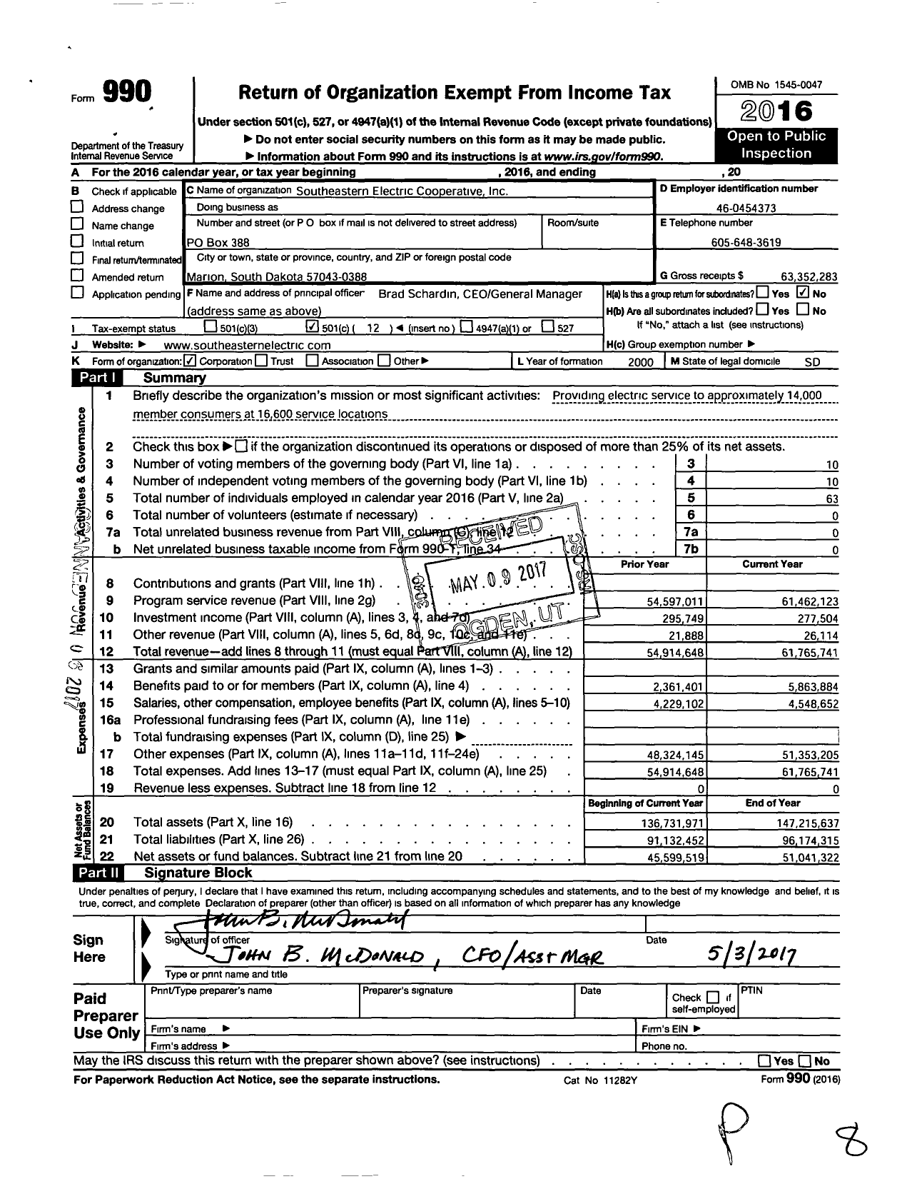 Image of first page of 2016 Form 990O for Southeastern Electric Cooperative
