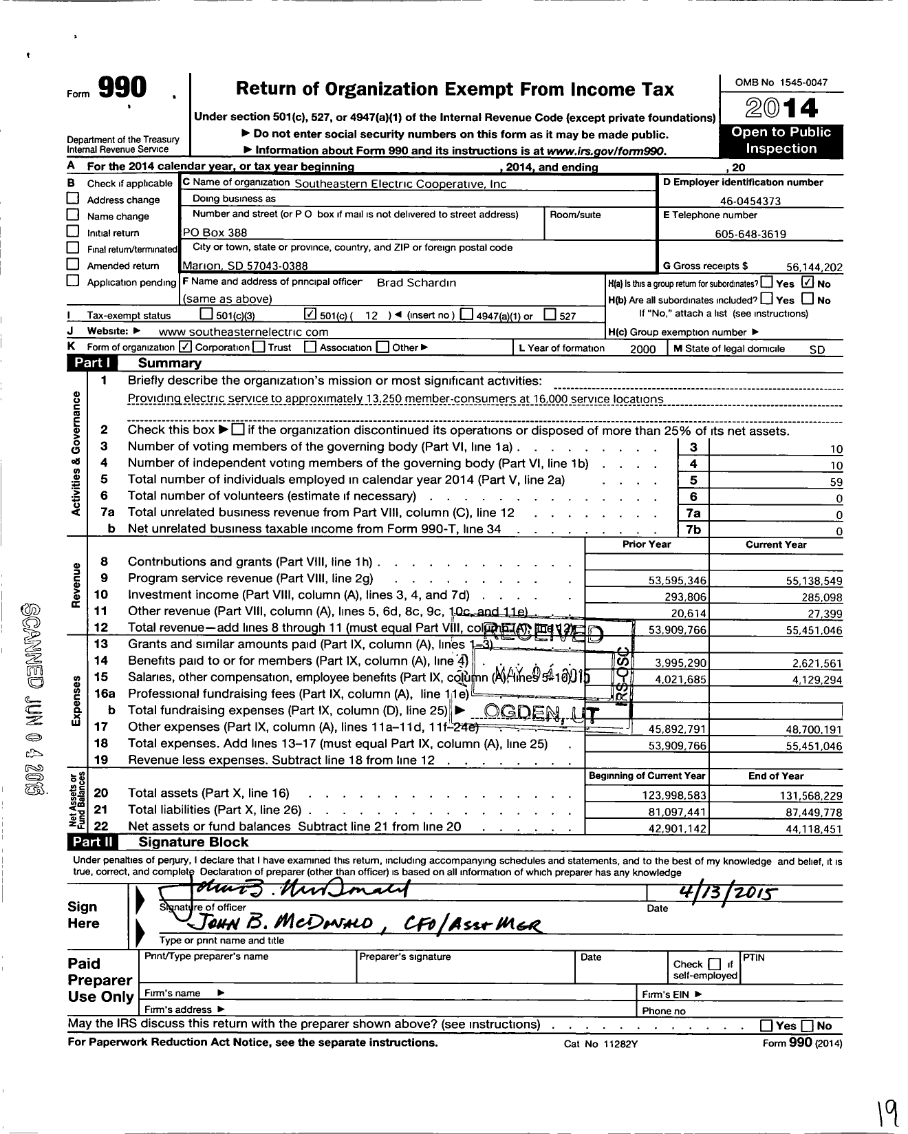 Image of first page of 2014 Form 990O for Southeastern Electric Cooperative