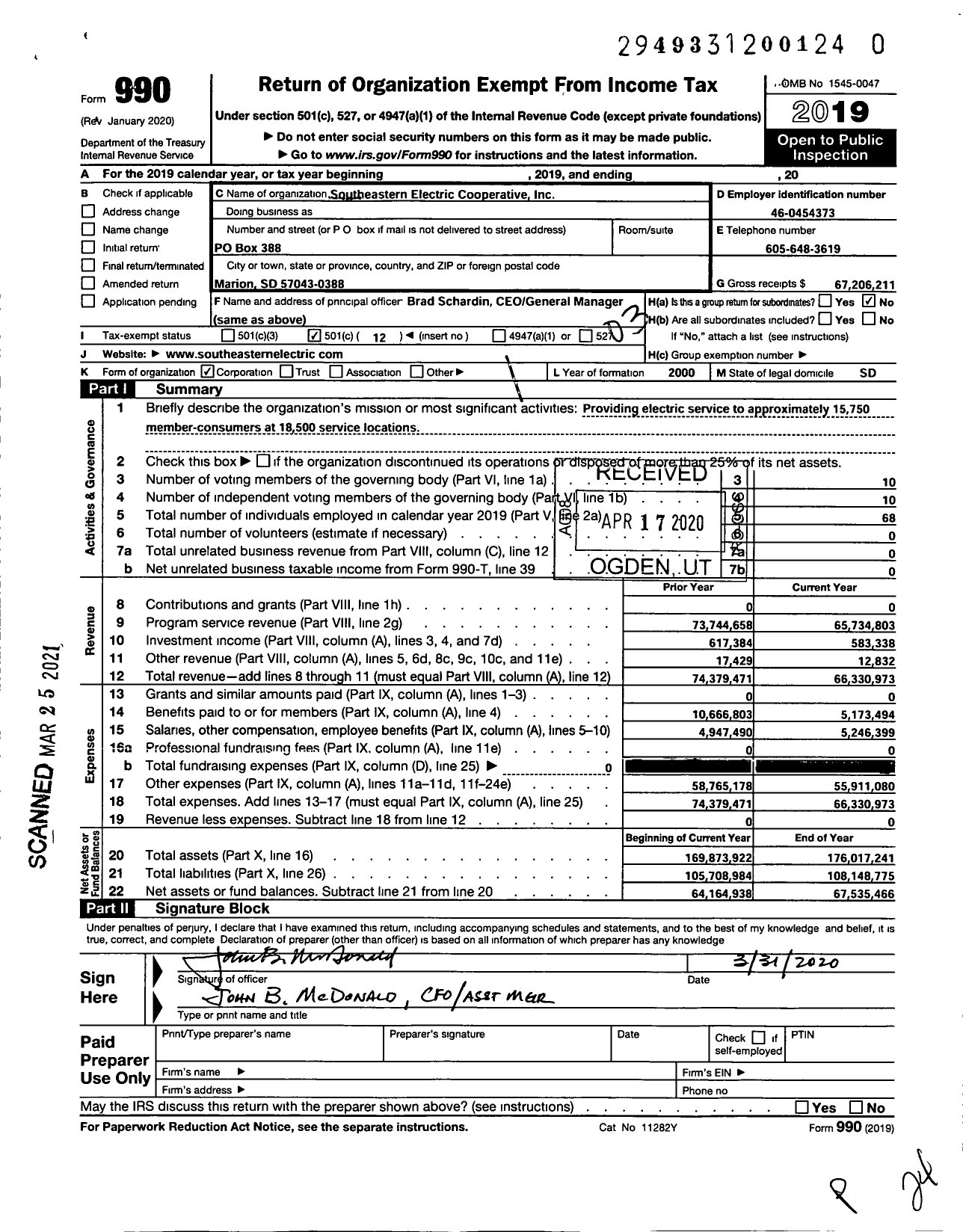 Image of first page of 2019 Form 990 for Southeastern Electric Cooperative