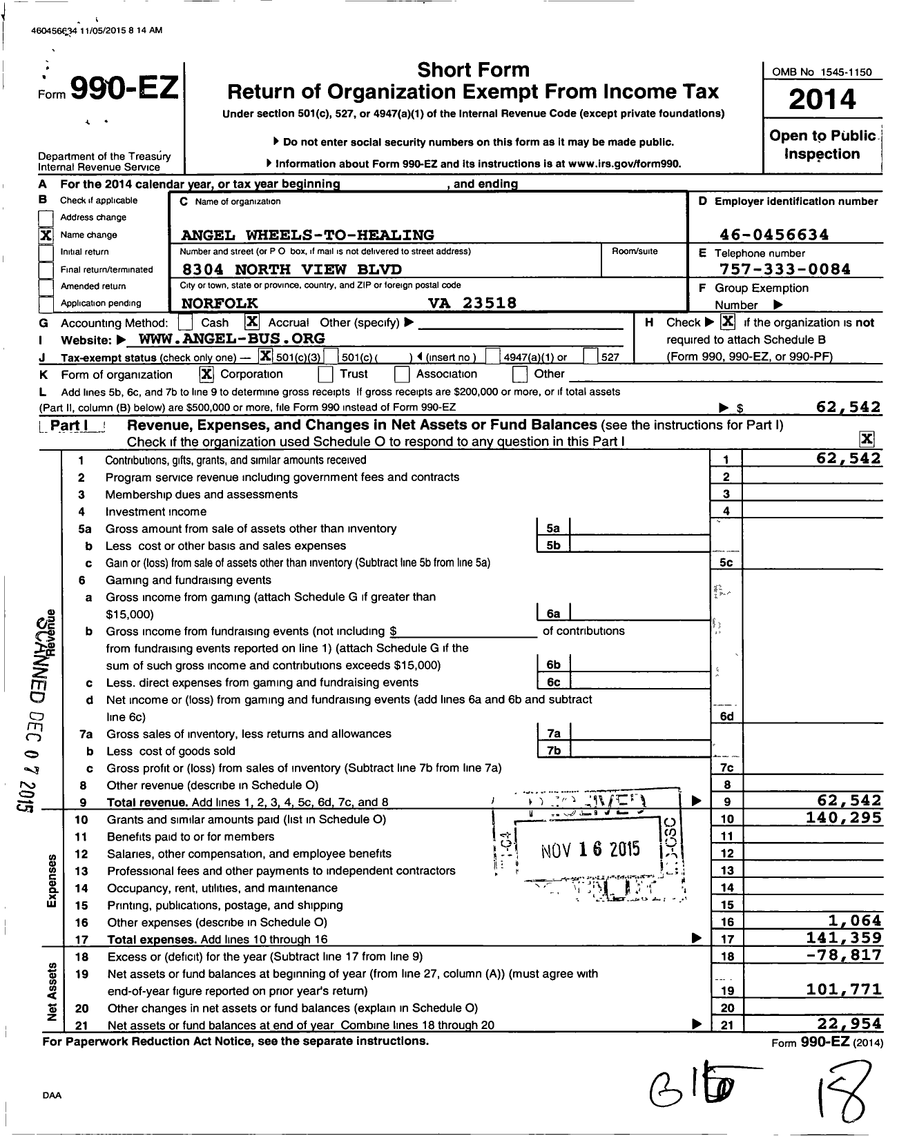 Image of first page of 2014 Form 990EZ for Angel Wheels