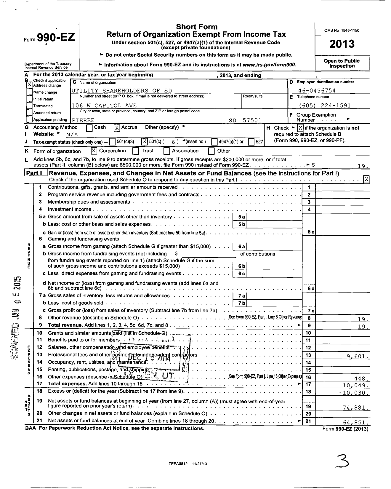 Image of first page of 2013 Form 990EO for Utility Shareholders of South Dakota