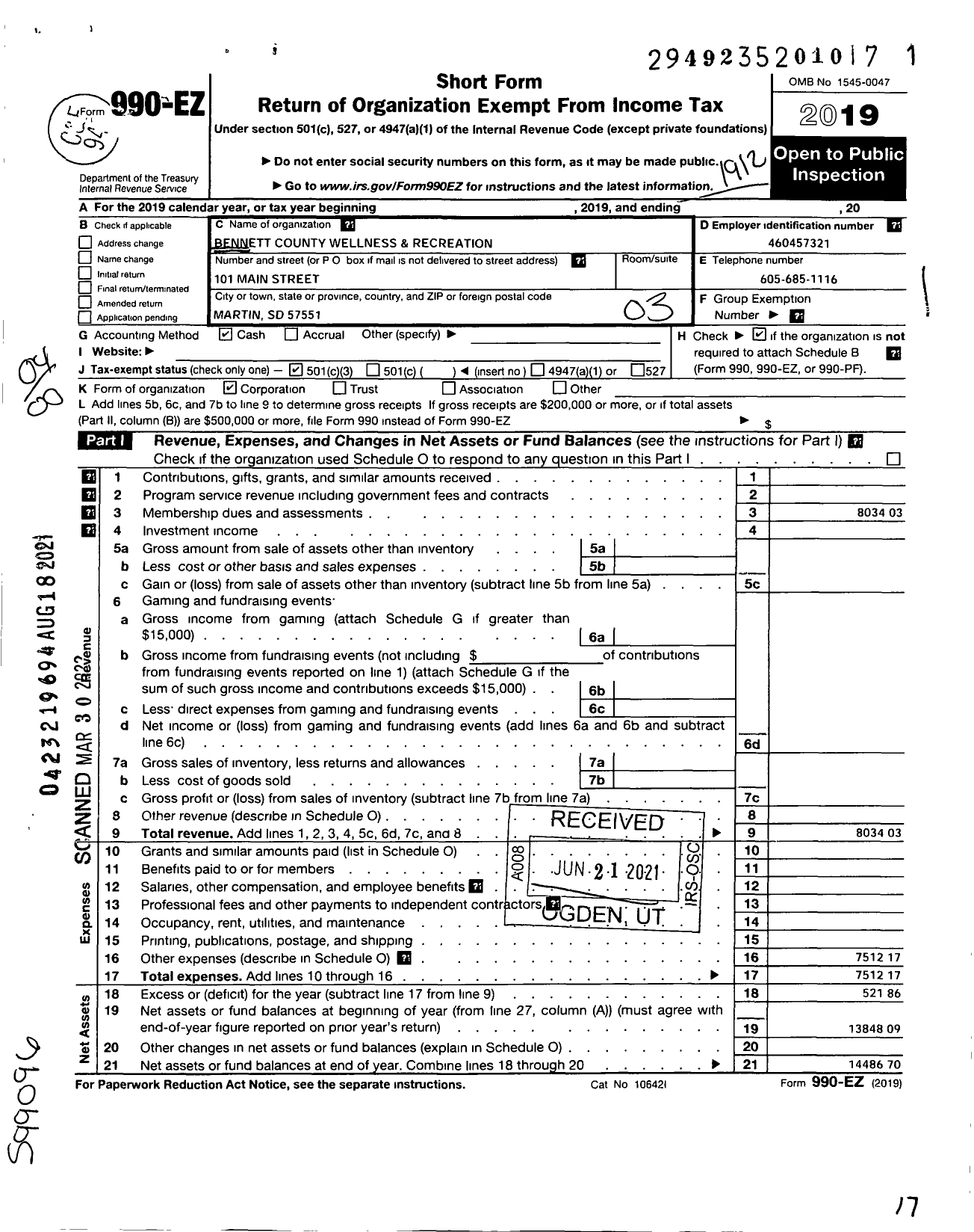 Image of first page of 2019 Form 990EZ for Bennett County Wellness and Recreation Center