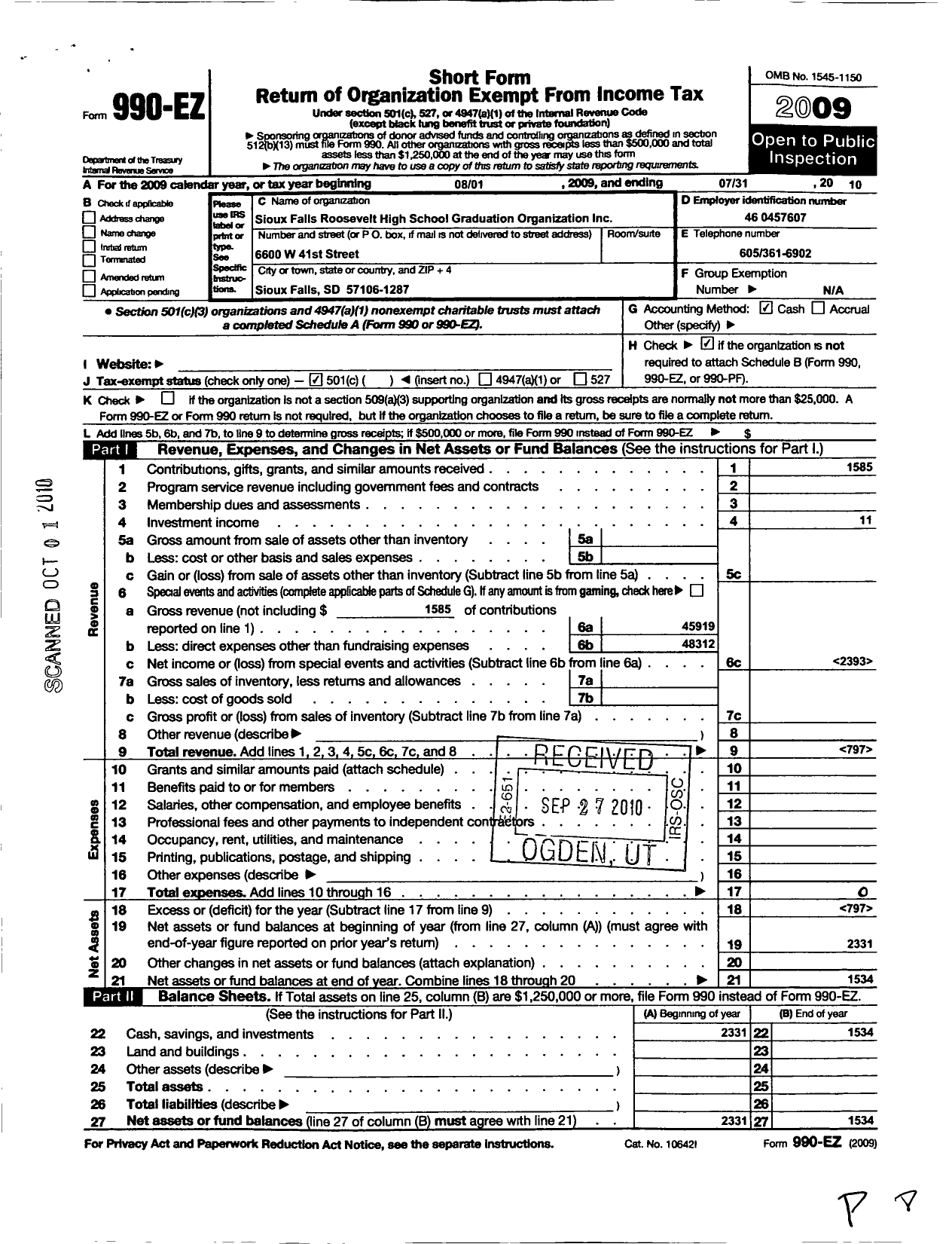 Image of first page of 2009 Form 990EO for Sioux Falls Roosevelt High School Graduation Org